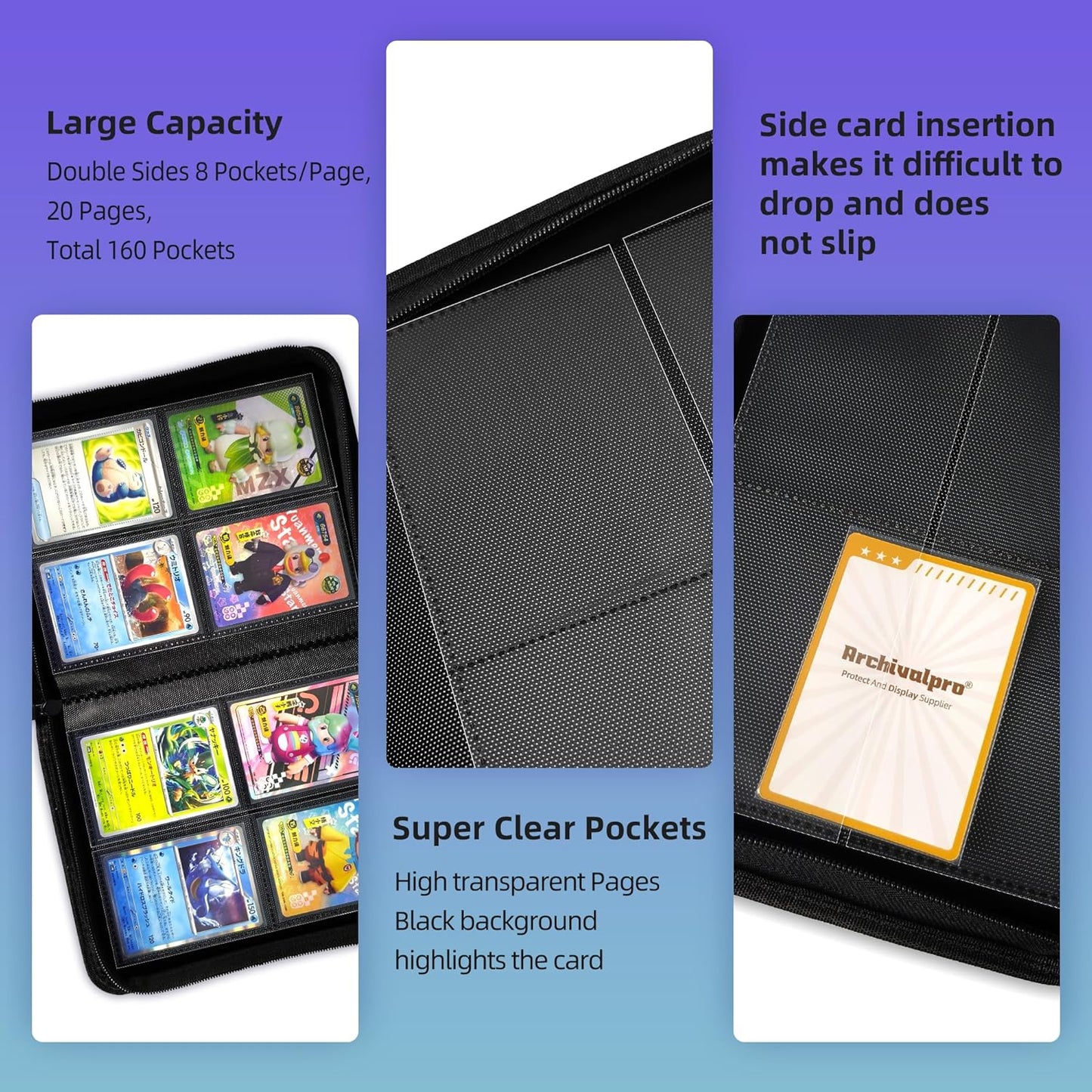 4 Pockets Premium Card Binder 160 Cards Trading Card Binders No Ring Card Storage Display Album(4 Pocket 160 Card Slot,Black)