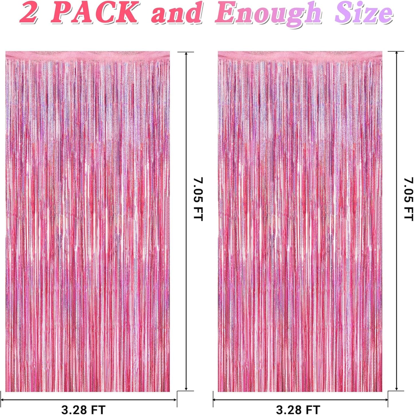 2 Pack Glitter Pink Backdrop, 3.28 FT x 7.05 FT Birthday Party Decorations, Laser Pink Fringe Curtains Foil Streamer Tinsel, Pink Curtains Photo Backdrop Happy Birthday Backdrop