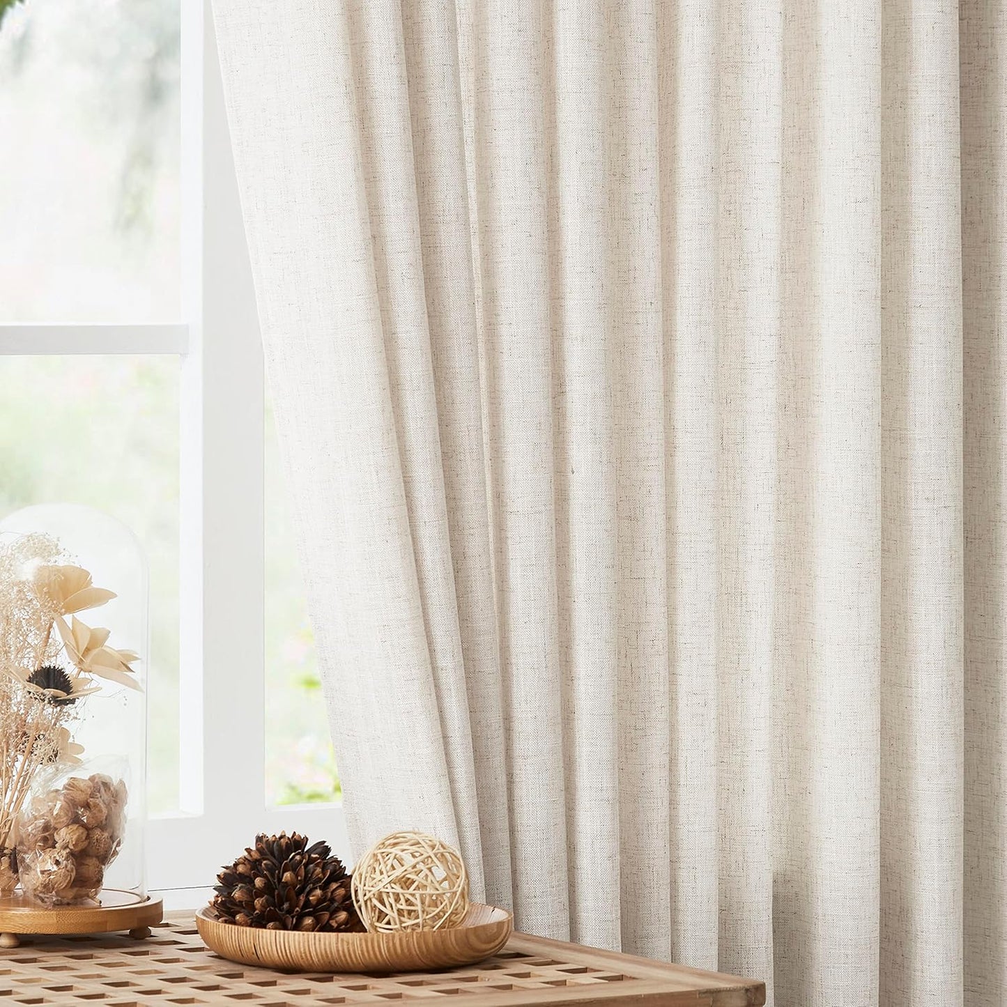 Vision Home Natural Pinch Pleated Semi Sheer Curtains Textured Linen Blended Light Filtering Window Curtains 108 inch for Living Room Bedroom Patio Pinch Pleat Drapes with Hooks 1 Panel 60" Wx108 L