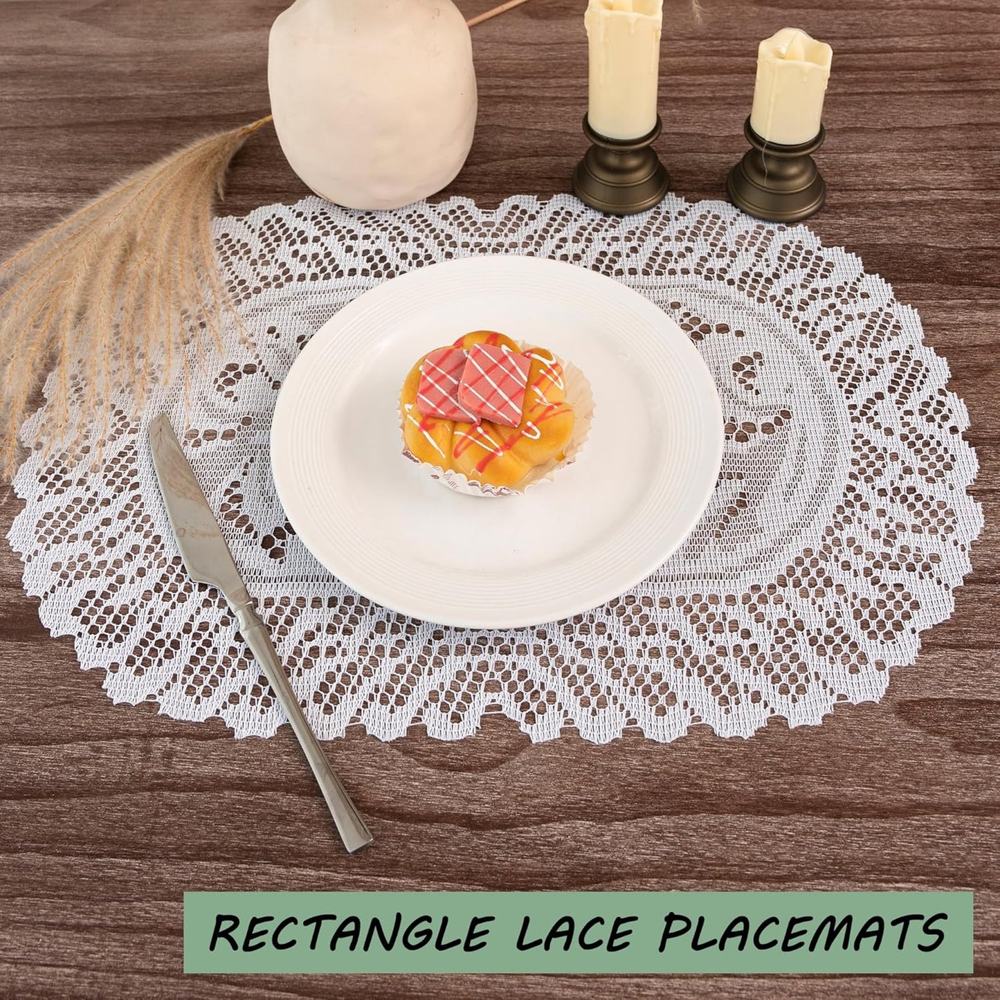 2PCS Oval Lace Placemats for Dining Table, White Lace Placemats Doilies, Embroidered Table Mats Farmhouse Cup Mat Vase Mat, 12x17 Inch