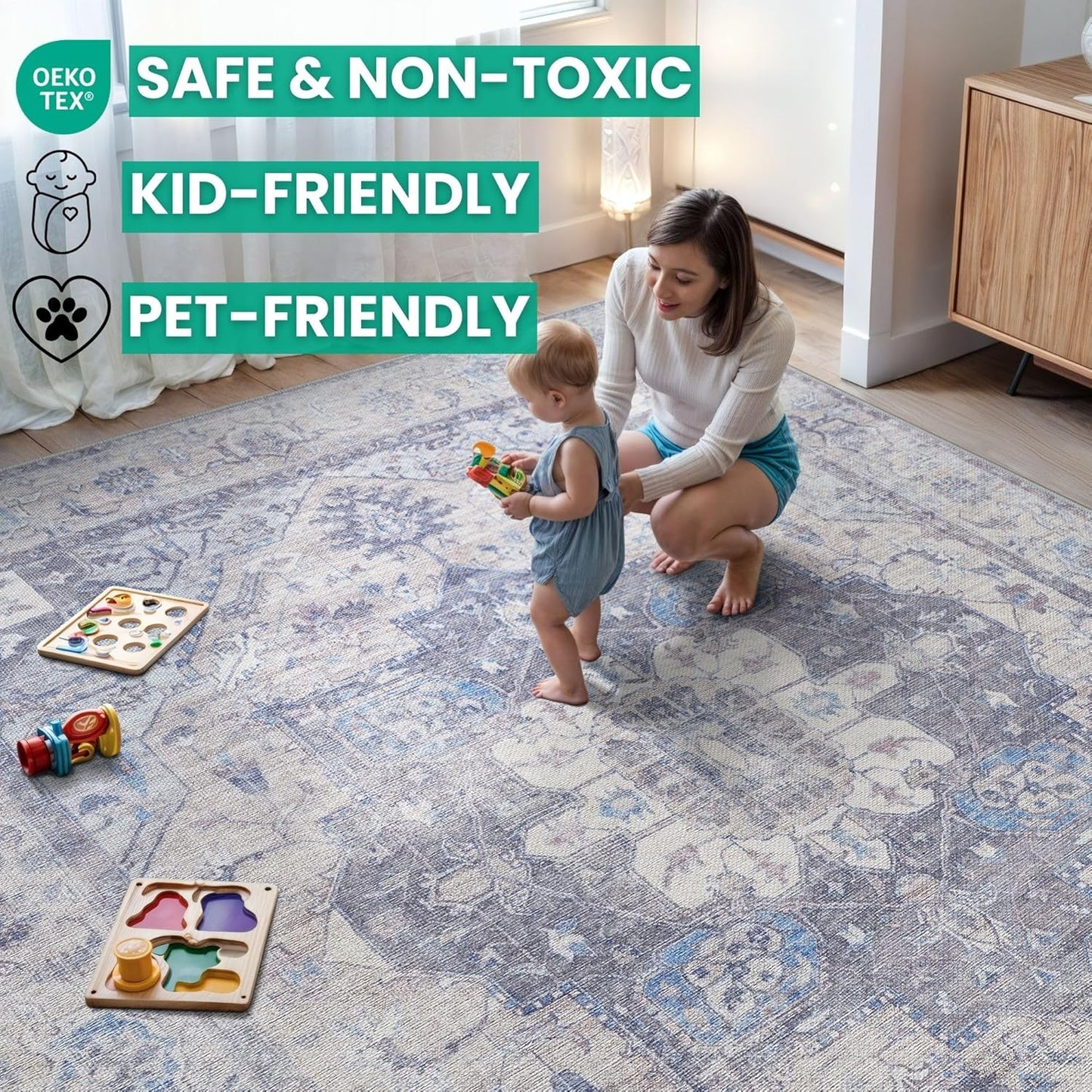 Bloom Rugs Washable Non-Slip 10 ft Runner - Blue/Sand Traditional Medallion Runner for Entryway, Hallway, Bathroom, and Kitchen - Exact Size: 2.5' x 10'