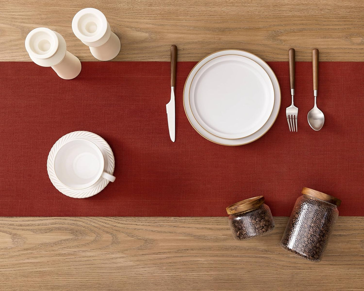 ZeeMart Linen Textured Border Table Runner, 14 x 72 Inch Orange, Farmhouse Style Burnt Orange Fall Table Runners 72 Inches Long, Easy Care Everyday Polyester Table Runner