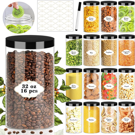 Plastic Jars with Lids, 16 Pcs 32 OZ Large Plastic Storage Jars with Black Leakproof Lids Cylinder Plastic Storage Container Jar Reusable Clear Empty Jars for Home and Kitchen Organizing