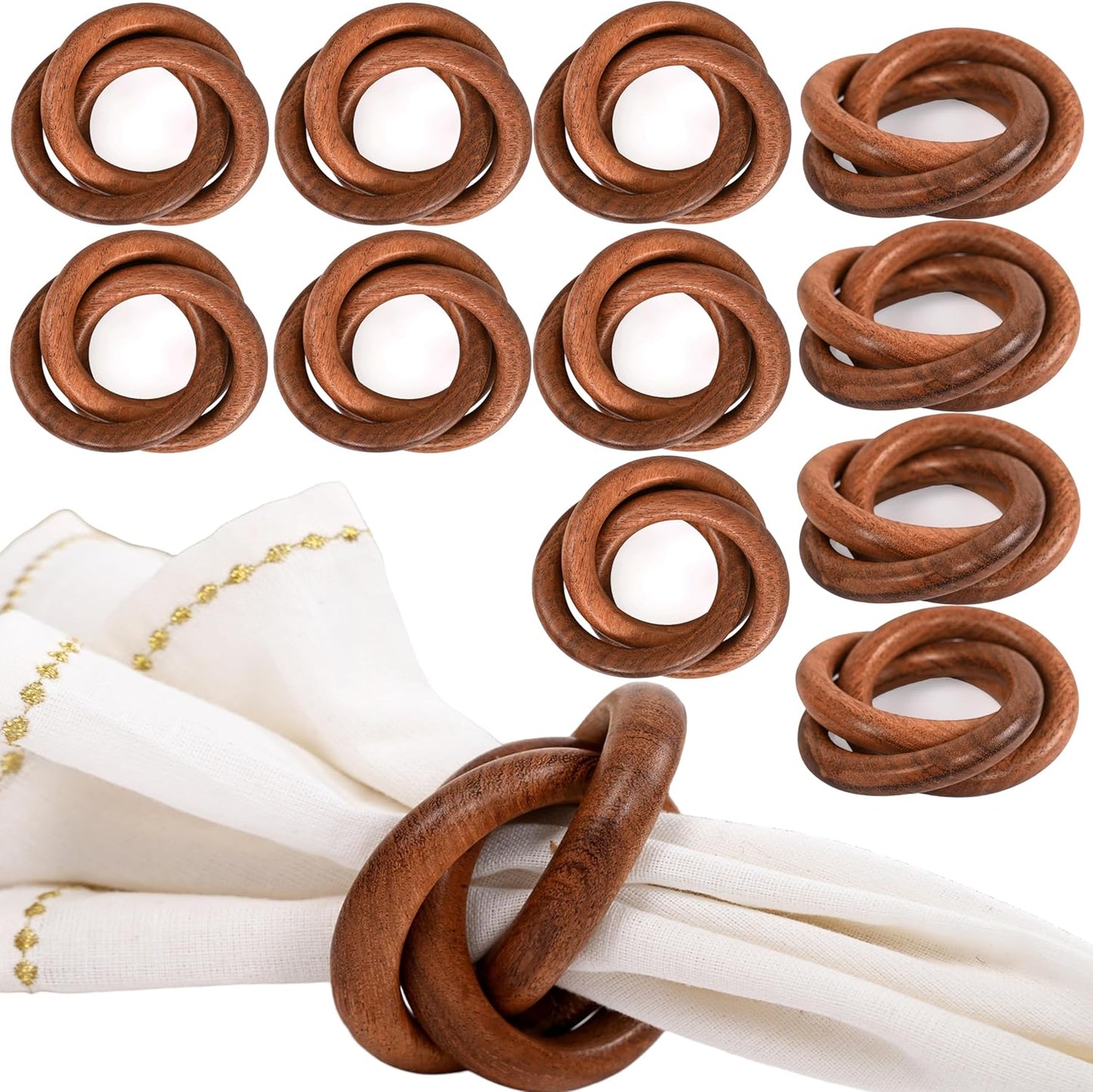 Three Ring Napkin Rings Set of 8, Decorative Handcuff Serviette Ring, Napkin Holders Bulk for Party Decoration, Dinning Table, Everyday, Family Gatherings Tabletop Décor (Brown) - CLEENTABLE