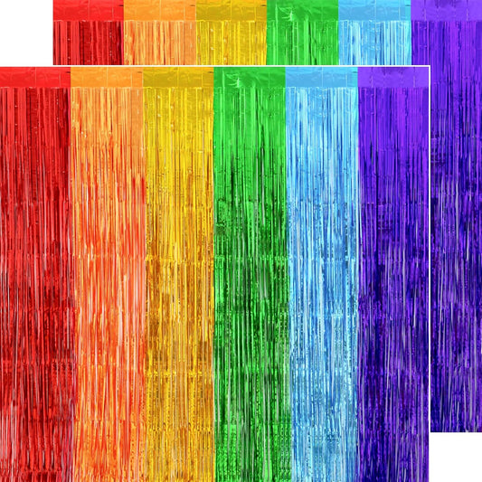 Rainbow Streamers Party Decorations - Thicken 4 Pack 3.2 x 8.2 FT - Rainbow Tinsel Foil Fringe Curtains, Photo Booth Props Backdrops for Birthday, Fiesta, Mexican, Pride, Baby Shower