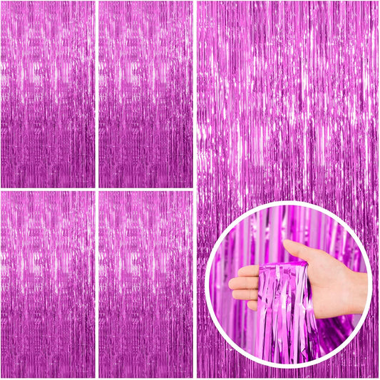 5 Pack Hot Pink Party Decorations - Tinsel Curtain Streamers Foil Fringe Backdrop for Birthday, Christmas, Bachelorette, Graduation, Fiesta Photo Booth