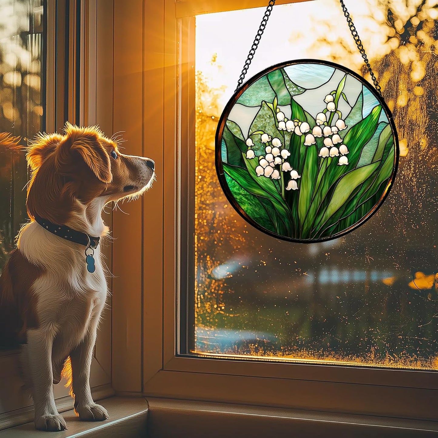 Stained Glass Window Hanging - White Green Lily of The Valley Suncatcher for Doors Garden Terrace Plant Sun Catchers Decor Mother's Day Birthday Flowers Gifts for Women Men Mom 9.8 in