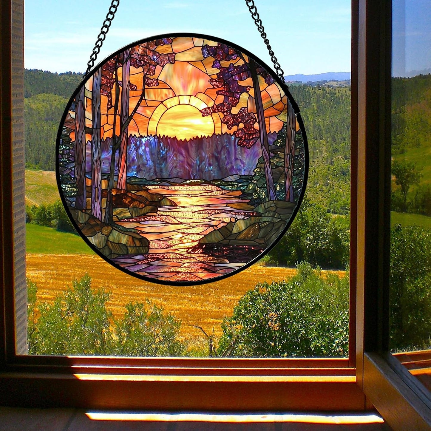Stained Glass Window Hanging, Orange Landscape Green Purple Lake Forest Suncatcher for Doors Window Home Sun Catchers Decor Mother's Day Birthday Gifts for Women Men Mom 9.8 in