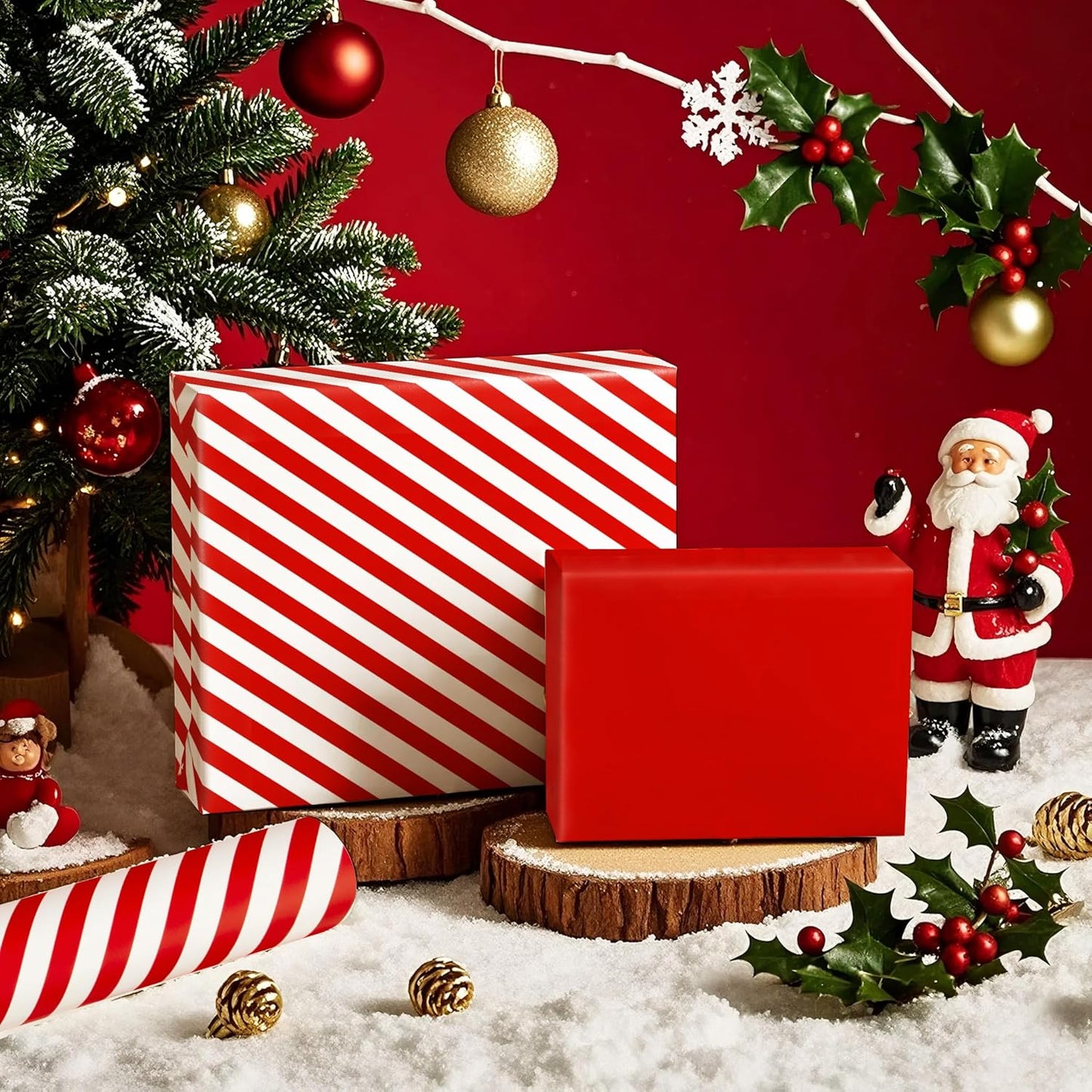 WRAPAHOLIC Reversible Wrapping Paper - Mini Roll - 17 Inch x 33 Feet - Red and Stripes Design for Christmas, Birthday, Holiday, Wedding, Baby Shower