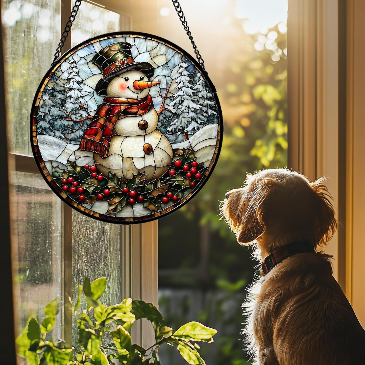 Stained Glass Window Hanging - Christmas Snowman Suncatcher for Door Terrace Garden Home Decor Winter Forest Snow Sun Catcher Birthday Gifts for Lovers Women Men Dad Mom Nana 7.8 in
