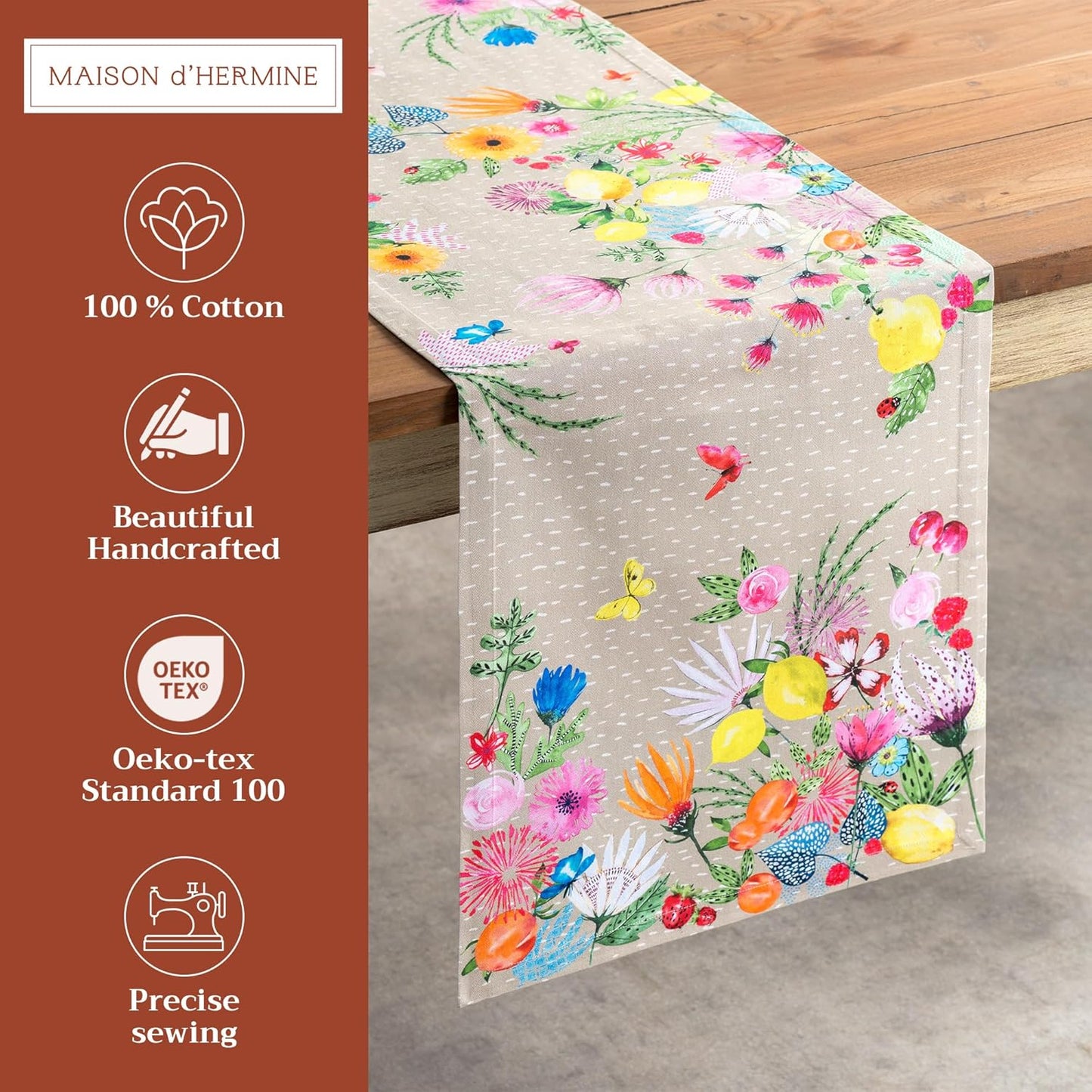 Maison d' Hermine Table Runner 100% Cotton Single Layer Table Runners 72 inches Long Decorative for Home Kitchen Dining Party Wedding Bridal Shower Spring Summer (Jardin D'Ete - Fog, 14.50" x 72")