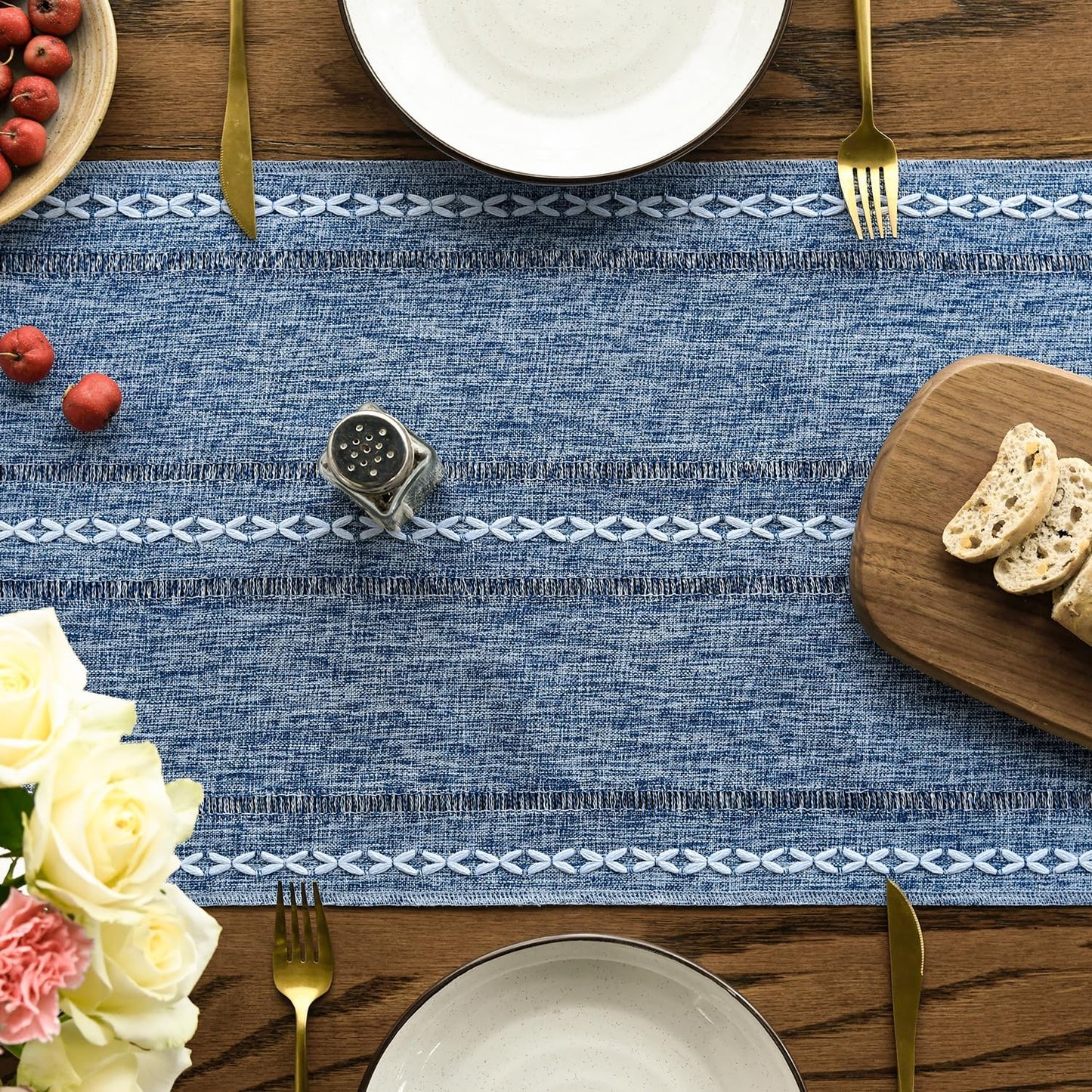 Artoid Mode Blue Rustic Cotton Linen Table Runner, Seasonal Embroidered Hollow Kitchen Dining Table Decoration for Home Party Decor 13x36 Inch
