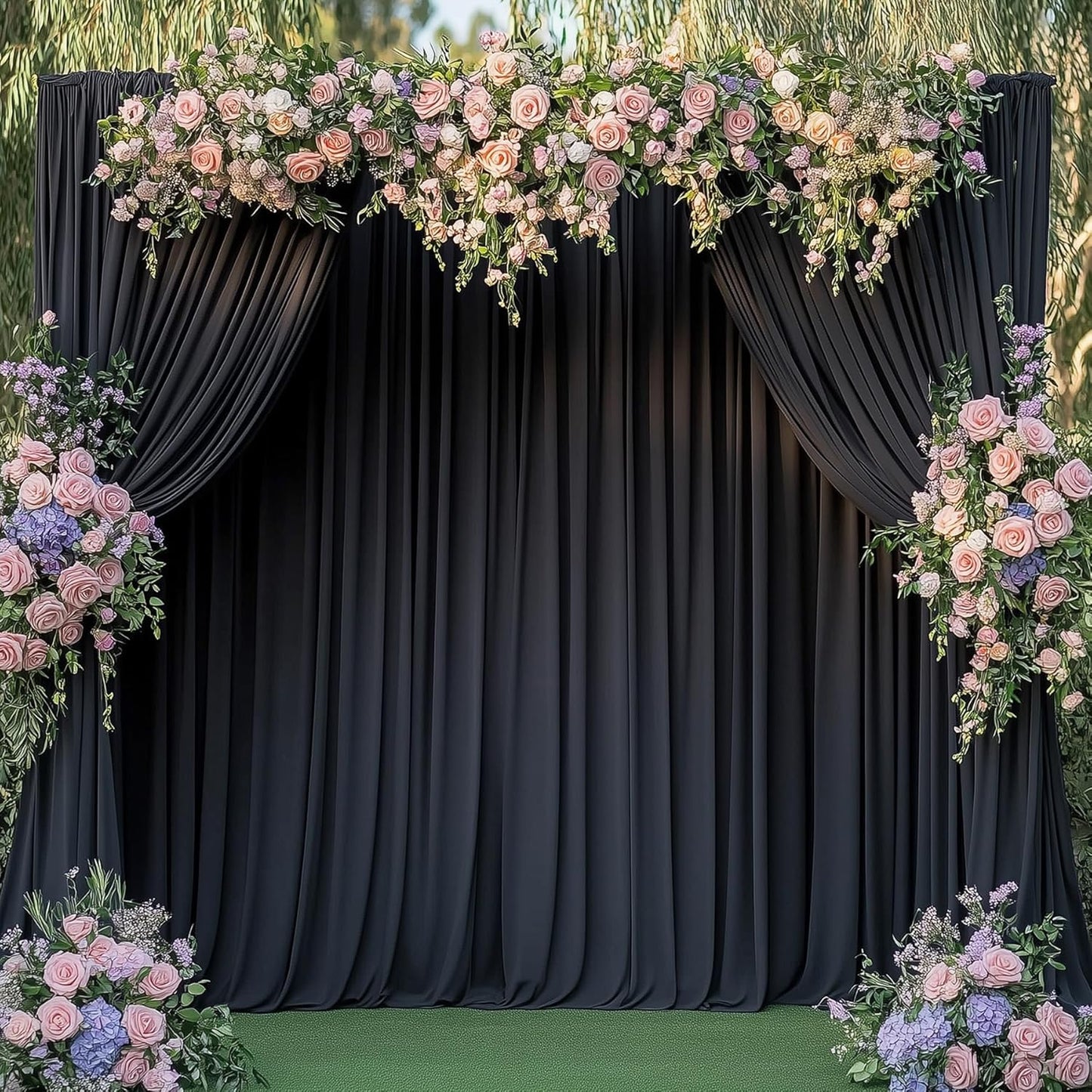 10ftx15ft Wrinkle Free Black Backdrop Curtain, 2 Panels 15FT Height Black Wedding Backdrop Drapes, Silky Polyester Back Drop Cloth for Birthday Photography Background Party Backdrop Draping