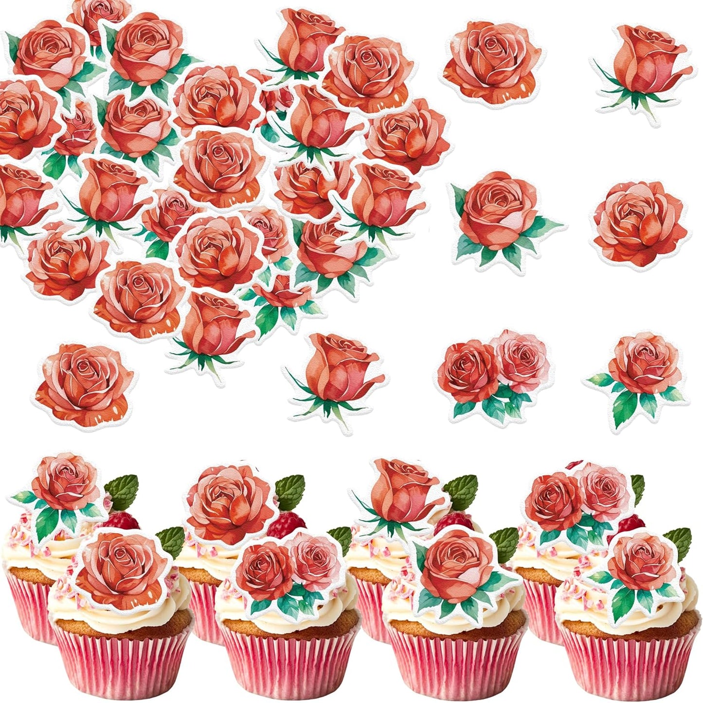 48PCS Edible Rose Flower Cupcake Toppers Wafer Paper Roses Decorations Flower Birthday Party Decorations Rose Cake Toppers for Wedding Engagement Birthday Party Cake Decor Supplies (Red)