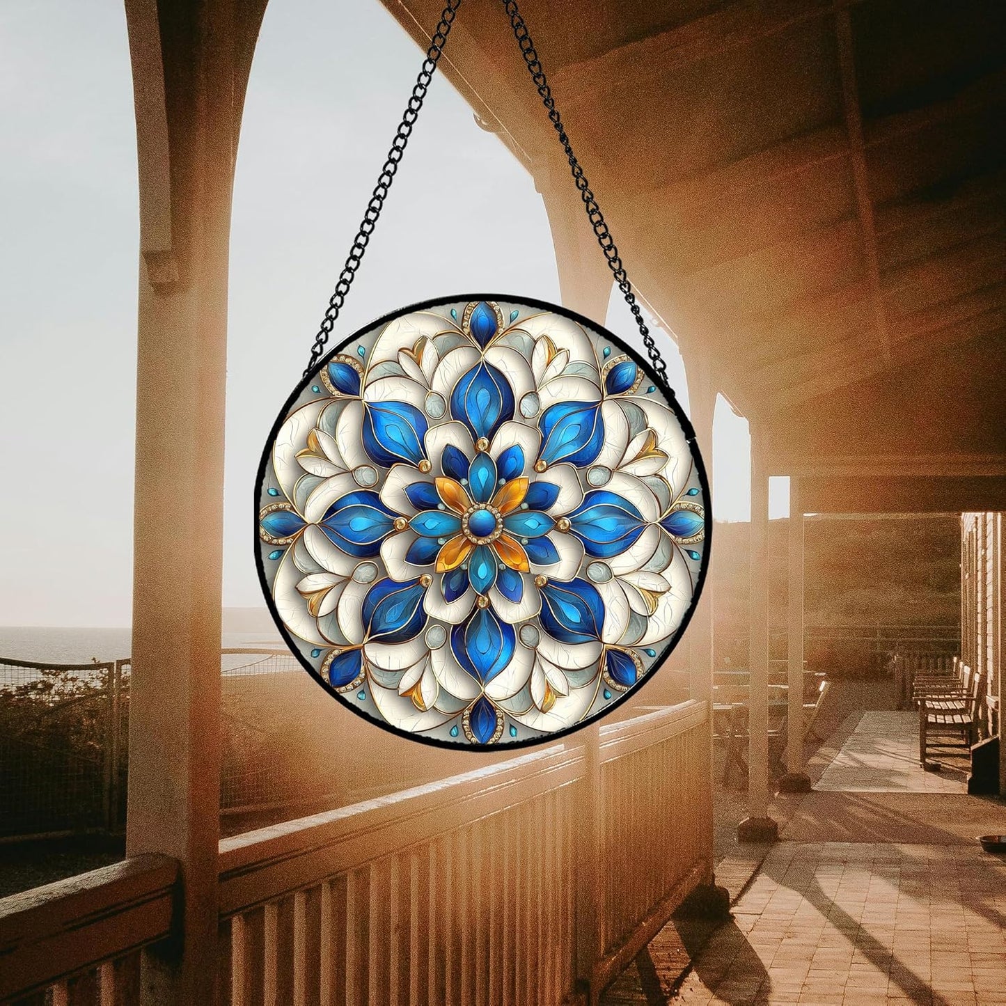 Stained Glass Window Hanging - Blue and White Abstract Flowers Suncatcher for Door Terrace Garden Home Decor, Gold Sun Catcher Birthday Gifts for Lovers Women Men Dad Mom Nana 15 in