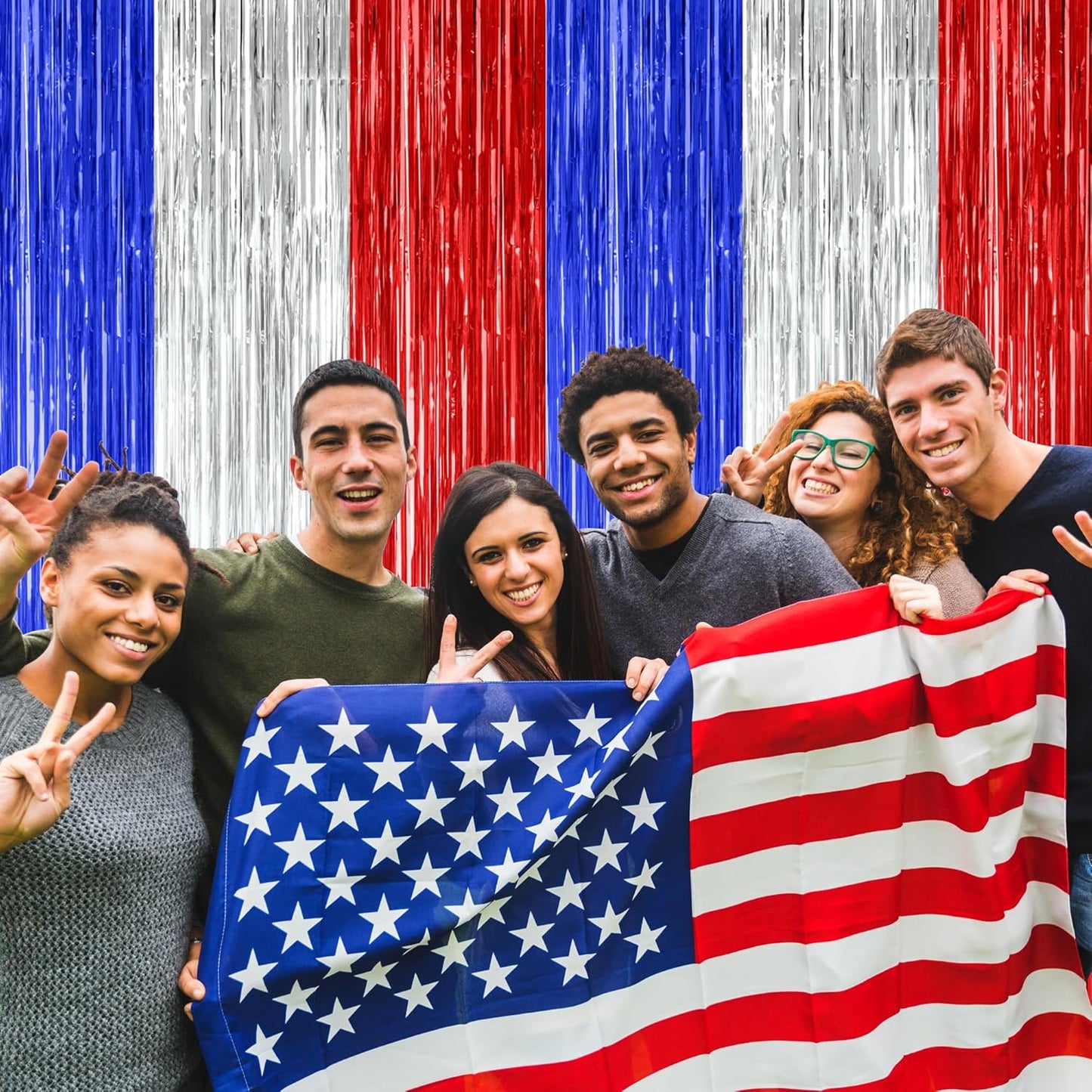 2 Pack 4th of July Party Supplies, 3.28 FT x 7.05 FT 4th of July Tinsel Backdrop, Blue Silver Red Color Fringe Curtains Streamer Backdrop, 4th of July Photo Backdrop Party Decorations