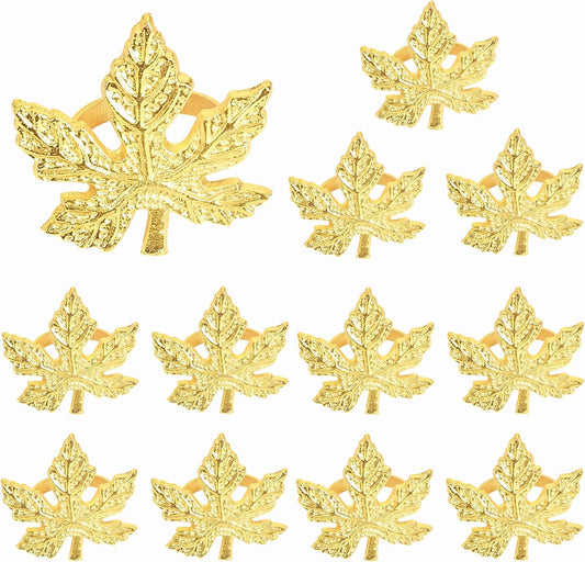 Elegant Handcrafted Leaf Napkin Rings - Set of 12 Premium Aluminum Holders for Dinner Parties, Weddings, Special Occasions & Everyday Dining (Gold) - CLEENTABLE
