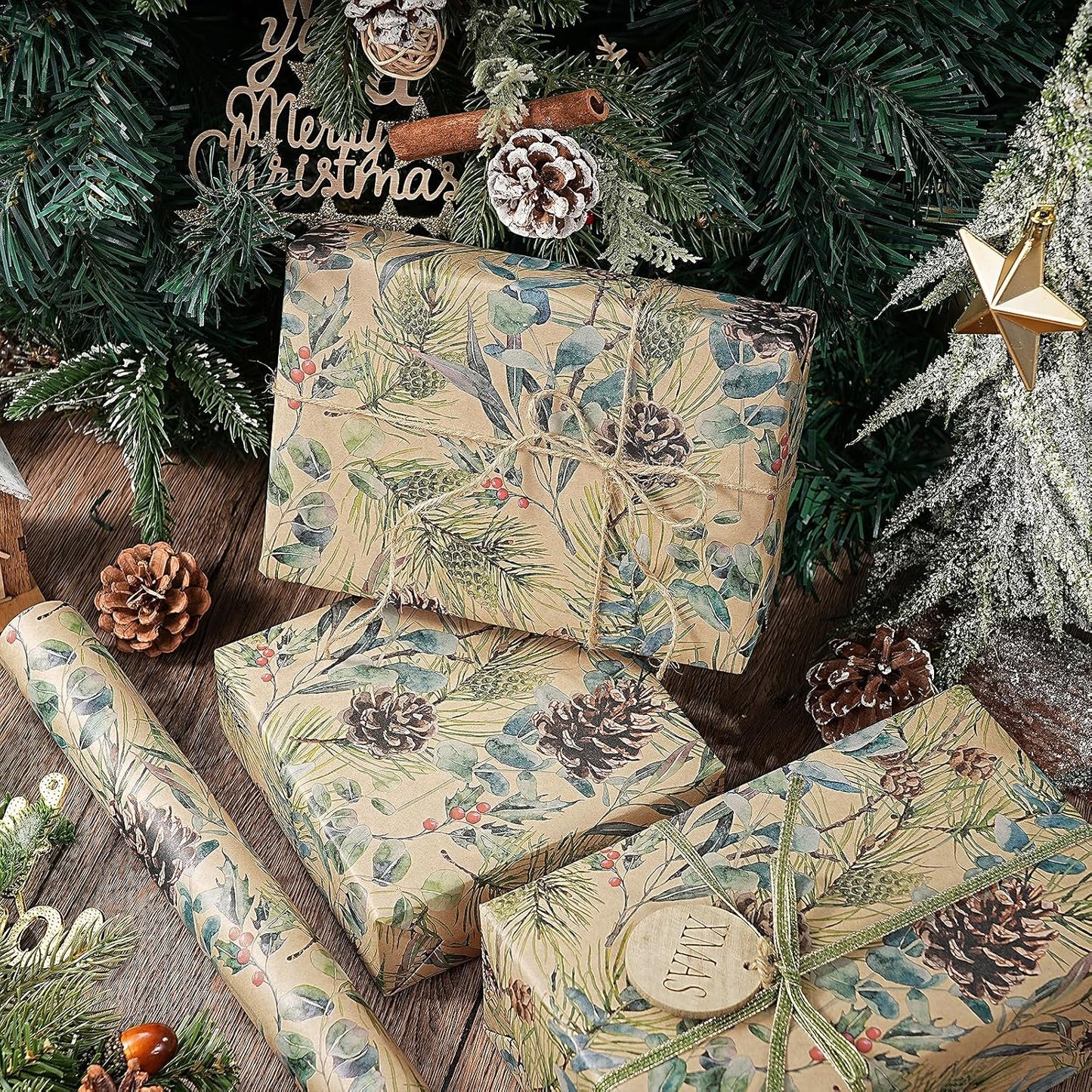 RUSPEPA 30" X 32.8' Kraft Christmas Wrapping Large Paper Roll, Jumbo Roll, Watercolor Pinecone and Eucalyptus Leaf Design, Kraft Gift Wrap for Christmas, Winter Holiday Party, Rustic Natural Theme