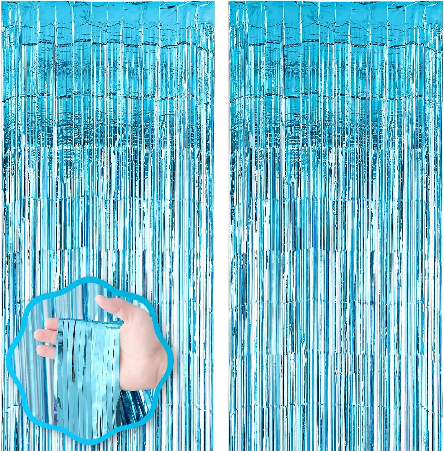 2 Pack 3.3x8.2 Feet Light Blue Foil Fringe Backdrop Curtains, Tinsel Streamers Birthday Party Decorations, Fringe Backdrop for Graduation, Baby Shower, Gender Reveal, Disco Party