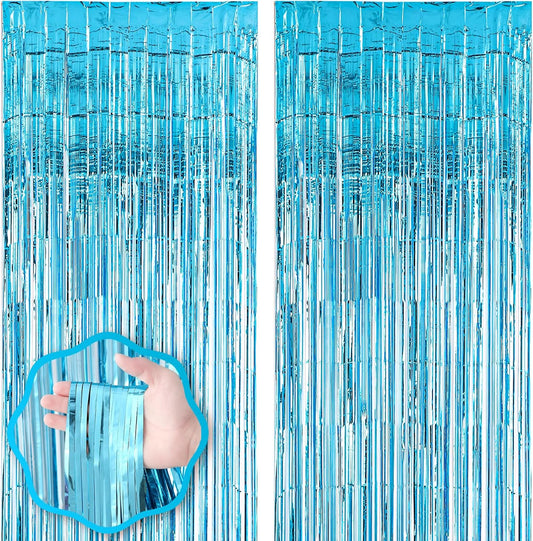 2 Pack 3.3x8.2 Feet Light Blue Foil Fringe Backdrop Curtains, Tinsel Streamers Birthday Party Decorations, Fringe Backdrop for Graduation, Baby Shower, Gender Reveal, Disco Party