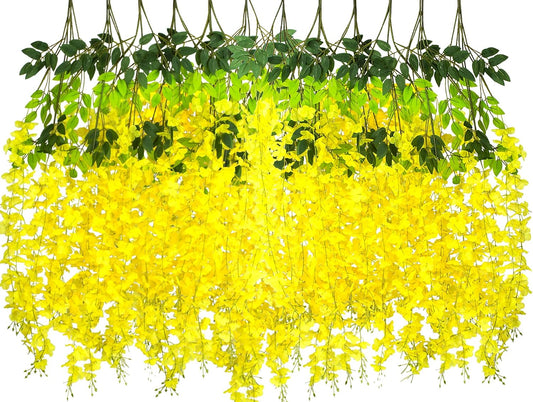 24 Pack Artificial Fake Wisteria Vine Ratta (3.75 Feet) Hanging Garland Silk Flowers String Home Party Wedding Decor (Yellow)