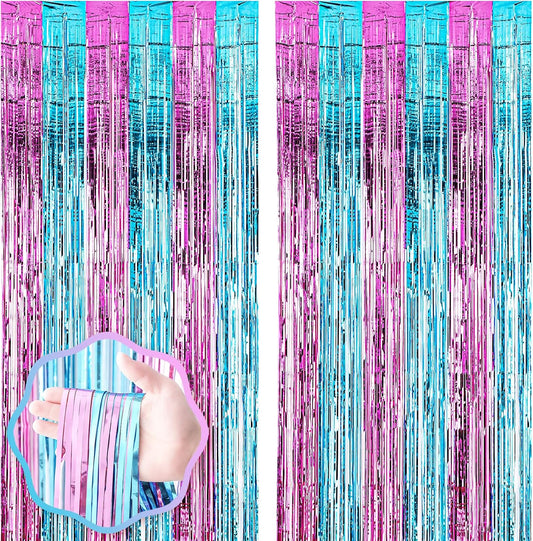 2 Pack 3.3x8.2 Feet Blue and Pink Foil Fringe Backdrop Curtains, Tinsel Streamers Birthday Party Decorations, Fringe Backdrop for Graduation, Baby Shower, Gender Reveal, Disco Party