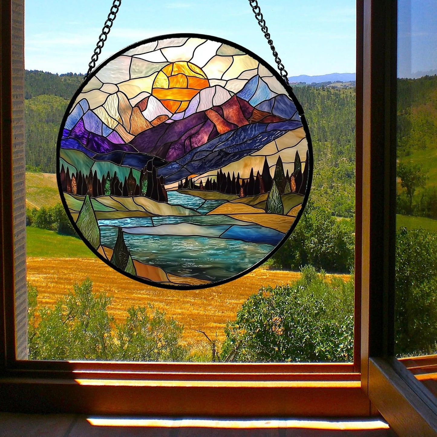 Stained Glass Window Hanging, Blue Lake Golden Sun Abstract Mountains Landscape Suncatcher for Doors Window Home Sun Catchers Decor Mother's Day Birthday Gifts for Women Men Mom 9.8 in