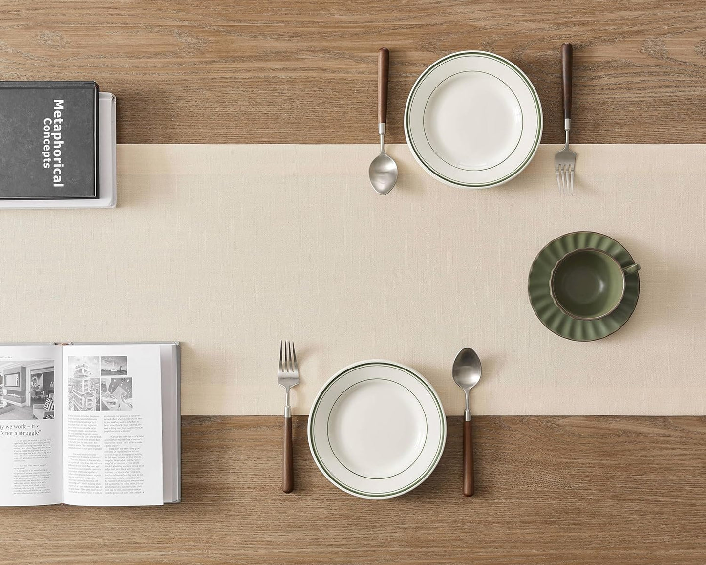 ZeeMart Linen Textured Border Table Runner, 14 x 90 Inch Cream, Farmhouse Style Cream Table Runners 90 Inches Long, Easy Care Everyday Polyester Table Runner