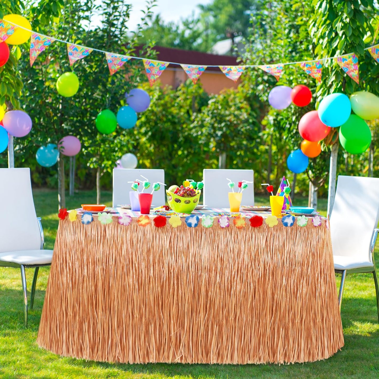 Luau Party Decorations, 1PCS Hawaiian Table Skirt Party Decorations, Luau Flower 108 X 29.5" Grass Table Skirts Luau Party Favors, Luau Table Skirt for Summer Tropical Hula Parties Decor Accessories