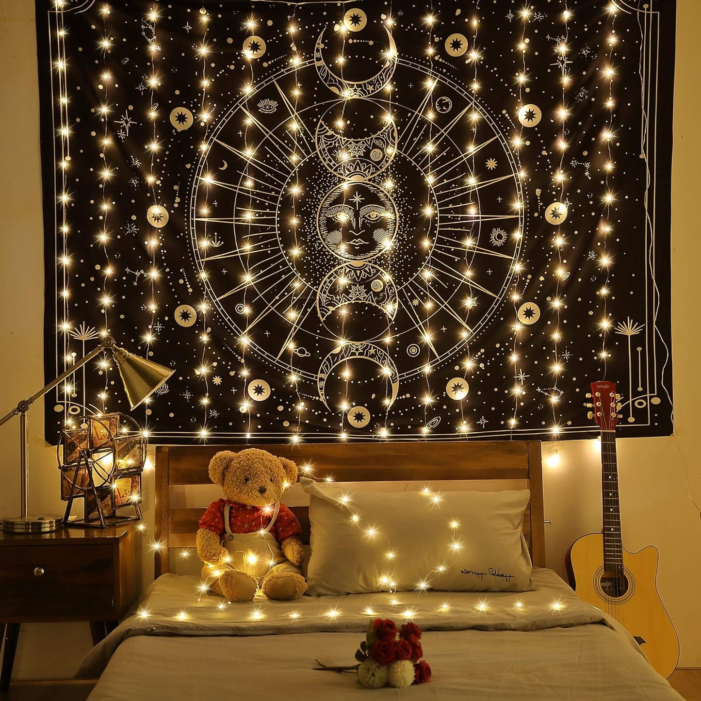 Meonum Curtain Tapestry Backdrop String Lights, Each 13 Strings 6.6 x 5 ft Tapestry Fairy String Light, 8 Modes Window Wall Hanging Light Strings for Bedroom Christmas Curtain Decor(2 Pack)