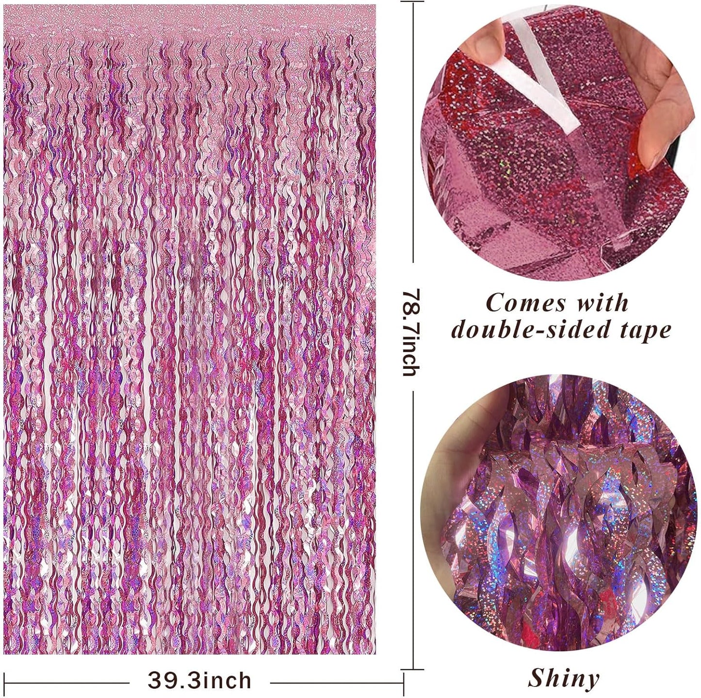 Pink Streamers Fringe Backdrop Tinsel Foil Fringe Curtains Wavy Backdrop for Parties Sparkle Metallic Wavy Foil Fringe Backdrop Curtain Photo Booth Props for Birthday Wedding