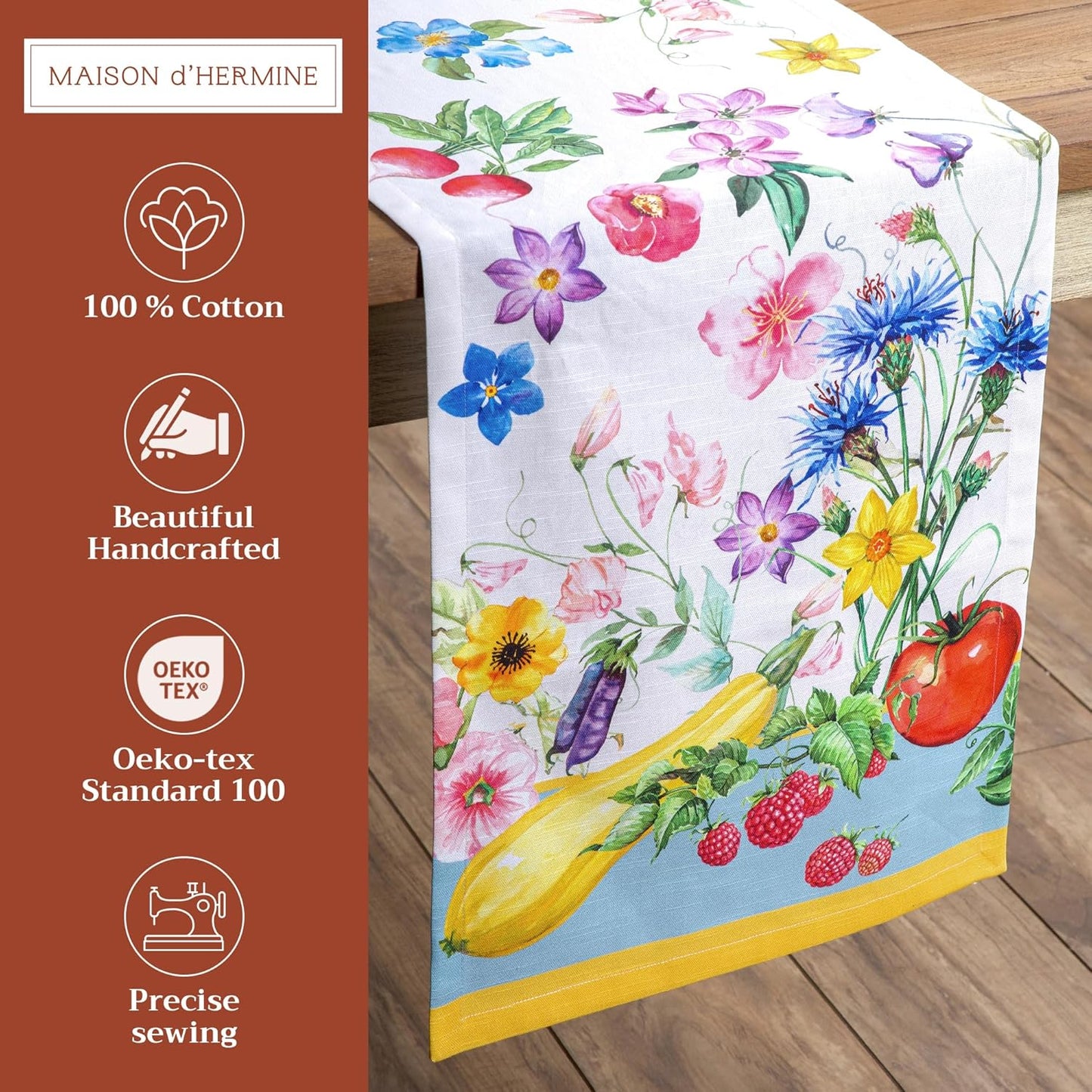 Maison d' Hermine Table Runner 100% Cotton Single Layer Table Runners 72 inches Long Decorative for Home Kitchen Dining Party Baby Shower Wedding Bridal Shower Spring Summer (Giverny, 14.50" x 72")