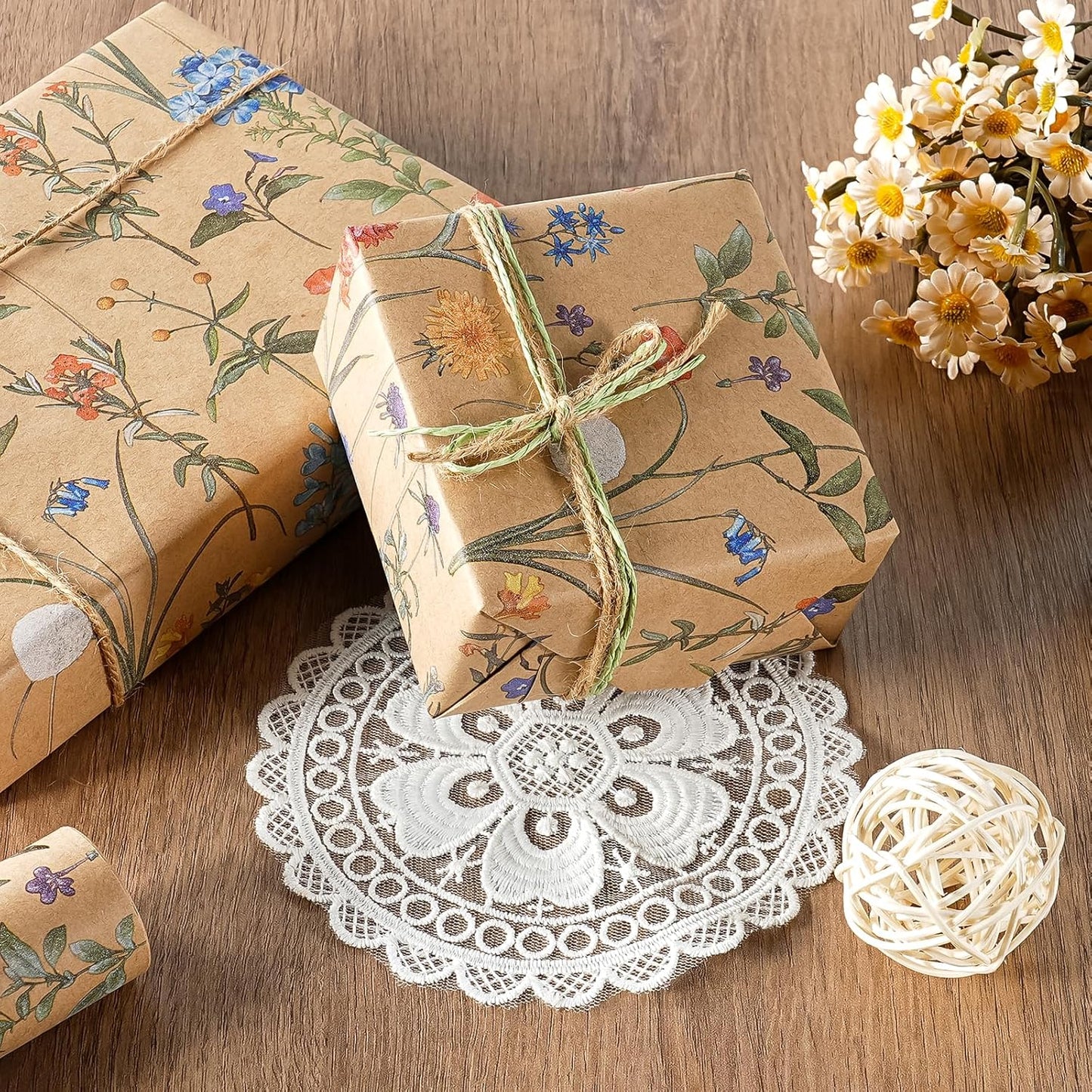 WRAPAHOLIC Kraft Floral Wrapping Paper Roll - Mini Roll - 17 Inch x 16.5 Feet - Wildflower Wrapping Paper Perfect for Girls Women Birthday, Wedding, Bridal Shower