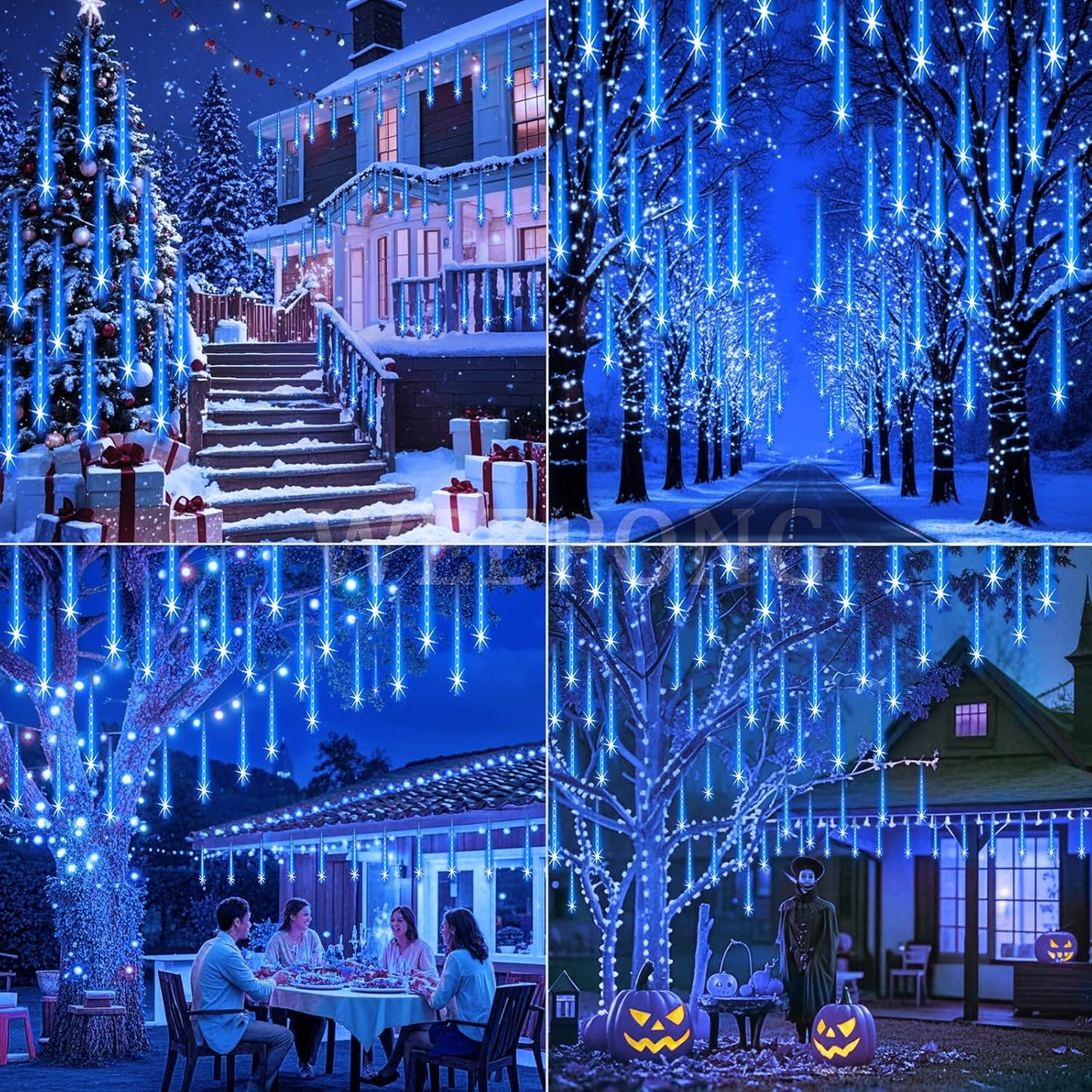 Christmas Lights Outdoor 32 Tubes 768 LEDs Meteor Shower Lights UL Certified Snow Falling Rain Drop Icicle String Light for Xmas Tree Halloween Decorations Wedding Party Garden Decor, Blue