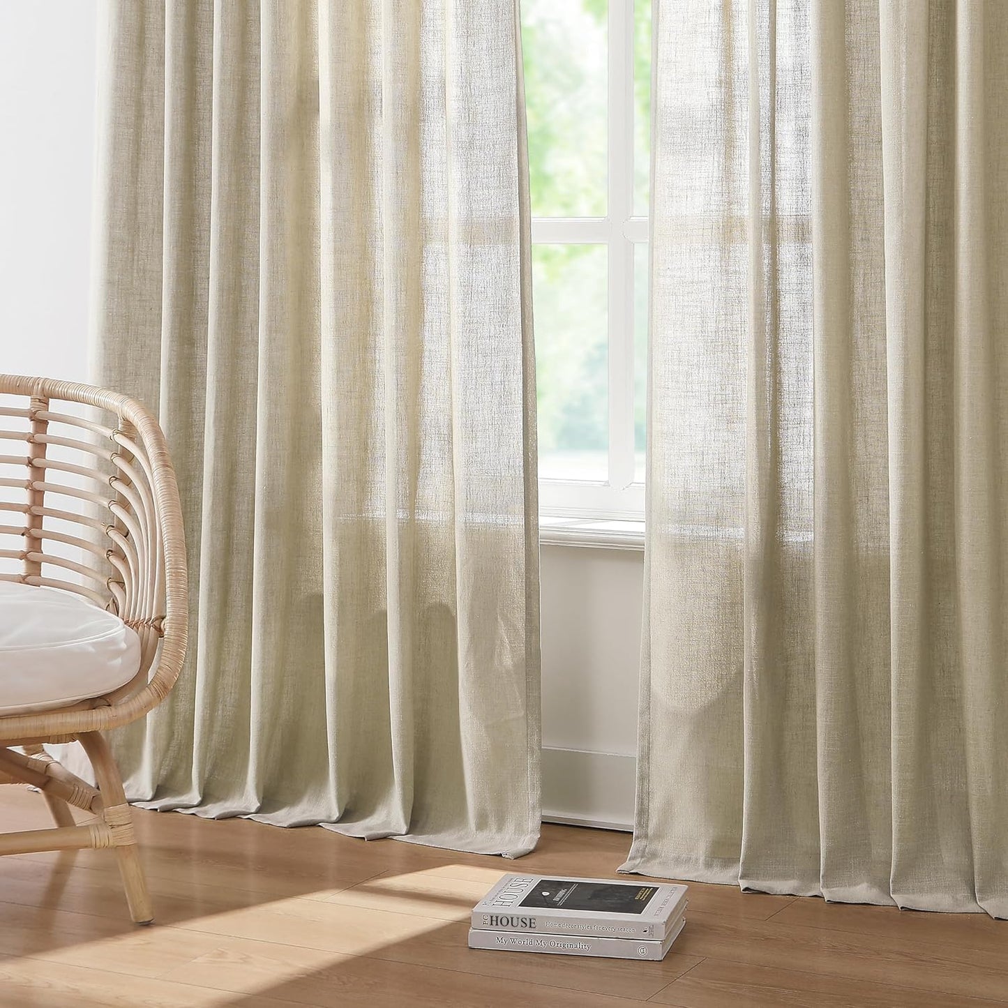 Vision Home Sand Pinch Pleated Semi Sheer Curtains Textured Linen Blended Light Filtering Window Curtains 112 inch for Living Room Bedroom Pinch Pleat Drapes with Hooks 2 Panels 40" Wx112 L