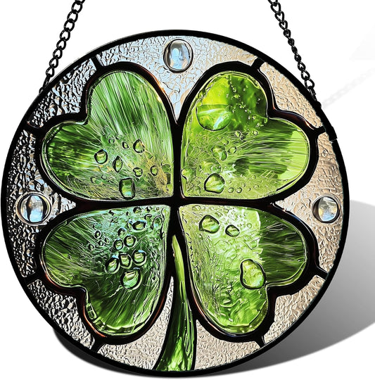 Stained Glass Window Hanging, Green Silver 4 Leaf Clover Sun Catcher for Window Door Home Decor Plant Suncatcher Christmas Mother's Day Birthday Gifts for Women Men Mom Nana 7.8 in