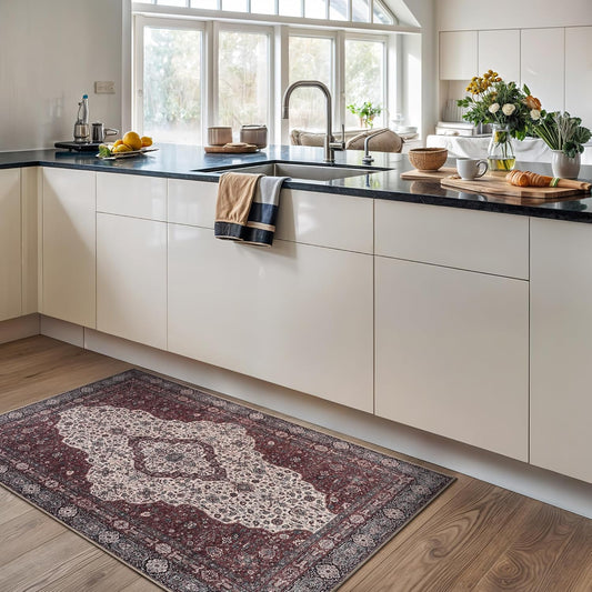 Bloom Rugs Washable Non-Slip 3' x 5' Rug - Red/Green/Cream Traditional Medallion Area Rug for Living Room, Bedroom, Dining Room, and Kitchen - Exact Size: 3' x 5'