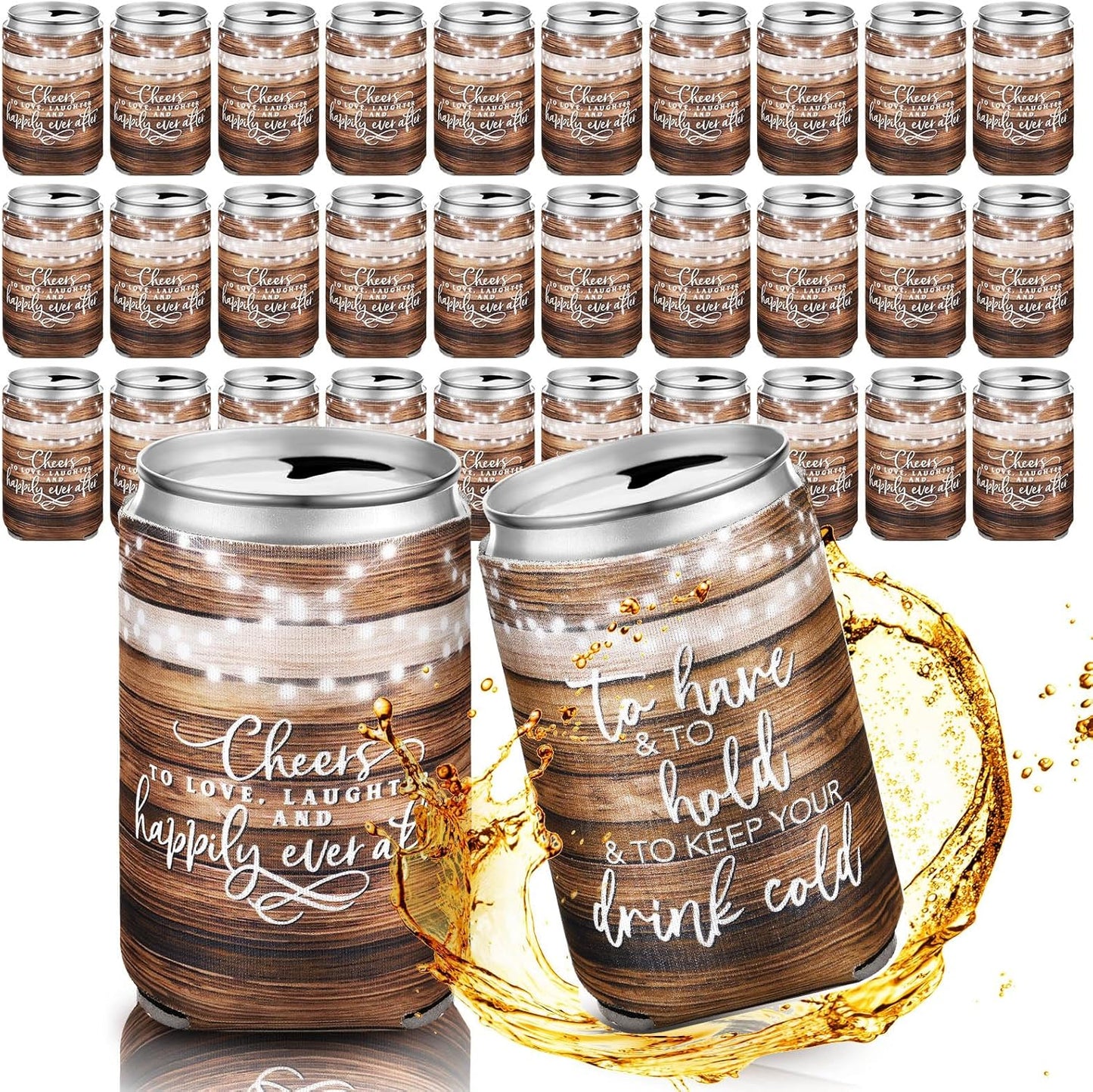 50 Pieces Wedding Can Cooler Bulk Engagement Party Favors for Guests Cheers to Love Laughter and Happily Ever After Rehearsal Dinner Decorations for Wedding Bridal(Wood Grain,Cute)