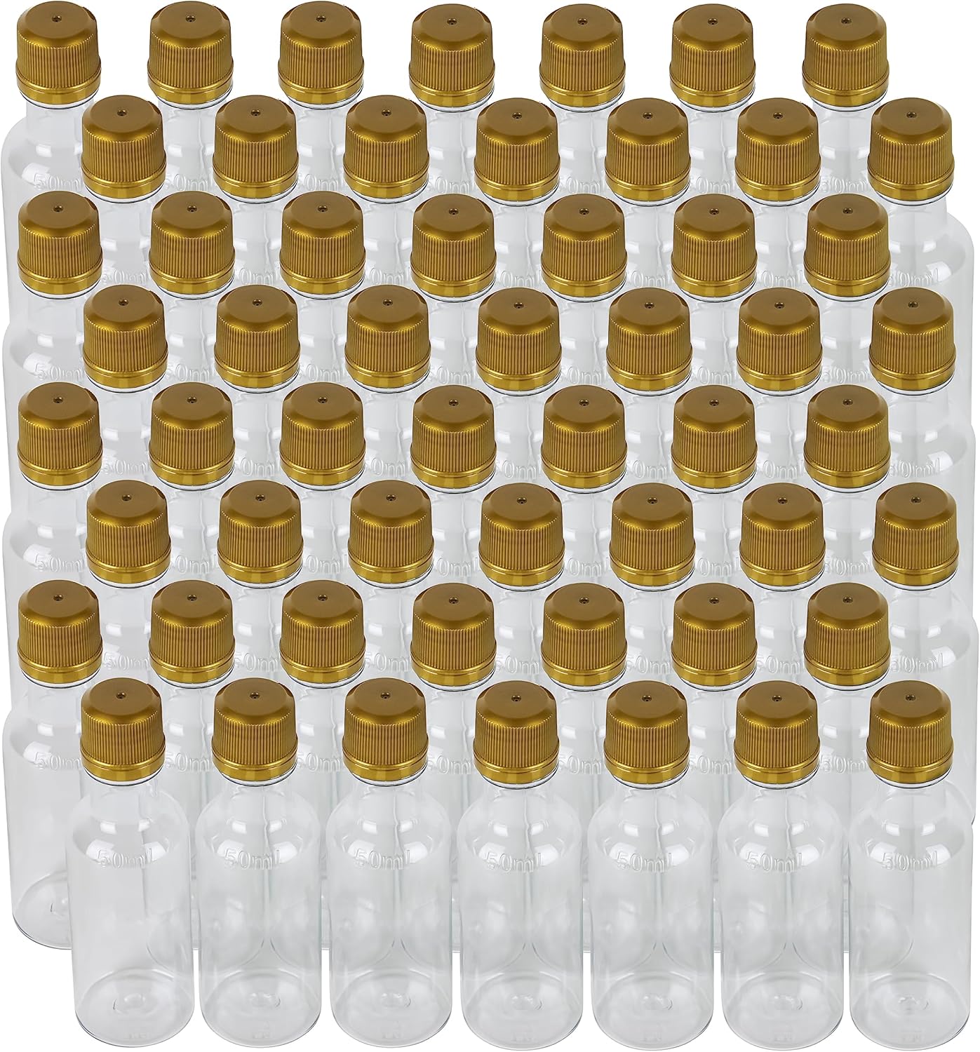 50 ml (1.7 Oz.) 120 Pack Round PET Clear Small Plastic Bottle with Tamper Evident Caps, Food Grade for Liquor, Wellness Shots, Sauce (Gold Lids)