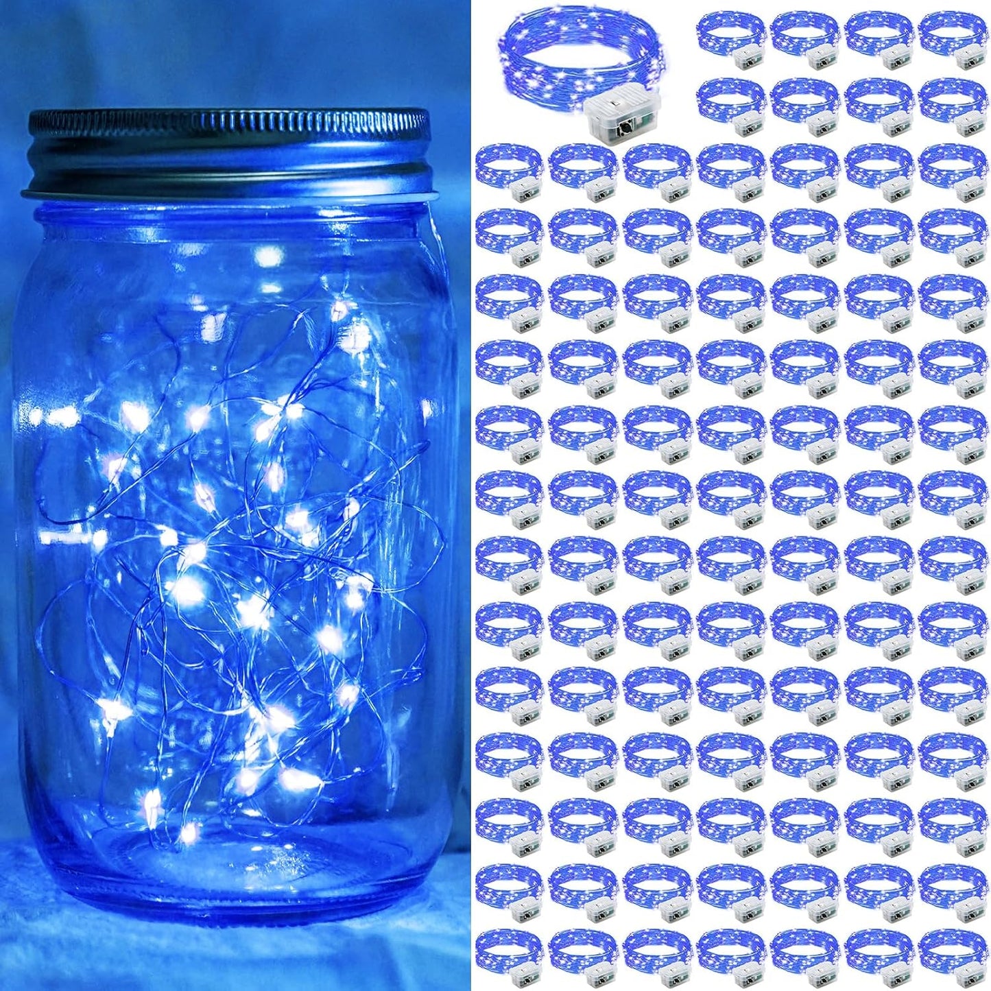 100 Pack Blue Fairy Lights 7Ft 20 LED Twinkle String Lights 3 Modes Battery Operated Waterproof Firefly Starry for Mason Jar Party Wedding Christmas Valentines Day Table Centerpieces