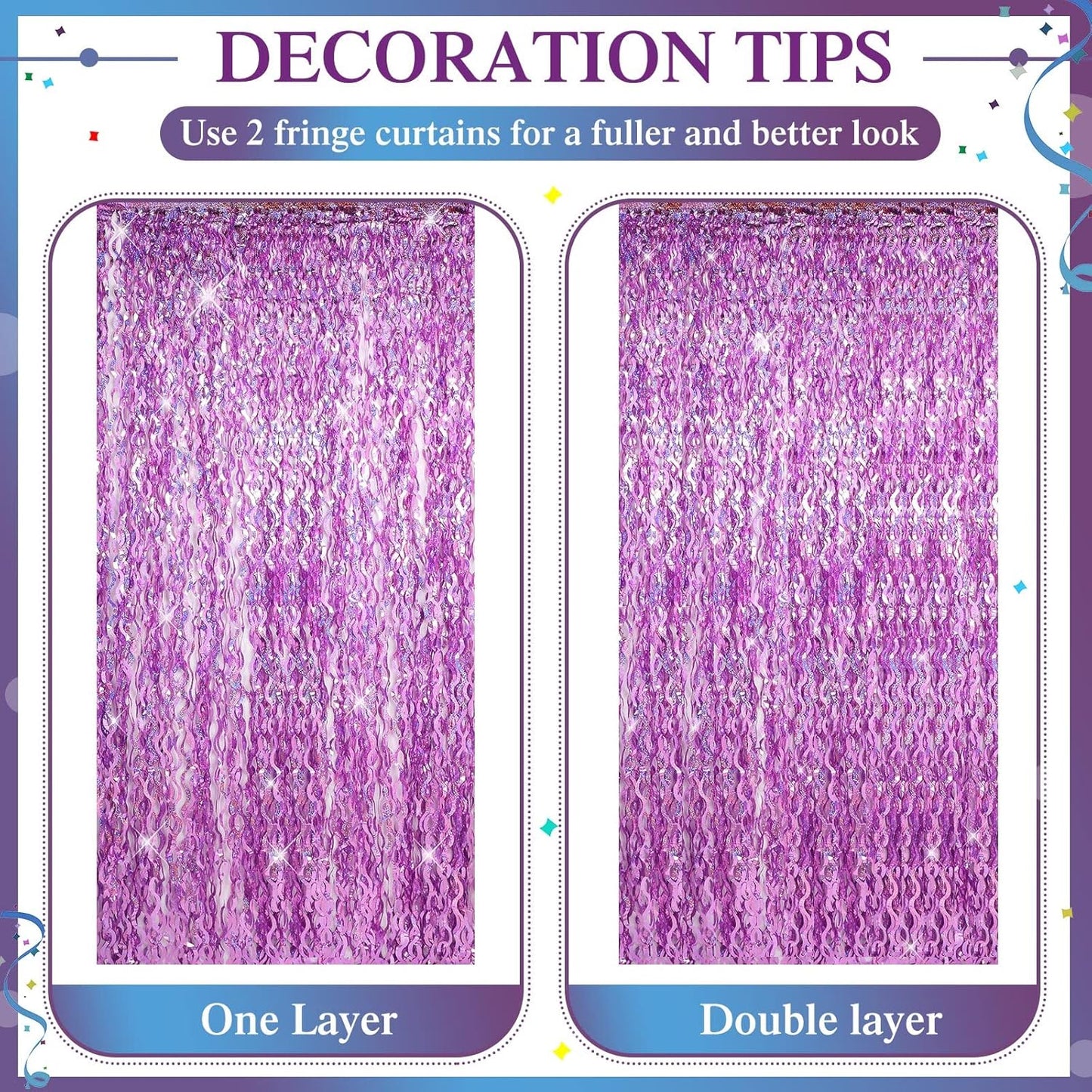 Jutom 6 Pieces 3.3 x 6.6 ft Wavy Tinsel Foil Fringe Curtains Foil Fringe Streamer Backdrop Party Curtain for Sea Mermaid Baby Shower Birthday Party Decoration(Purple)