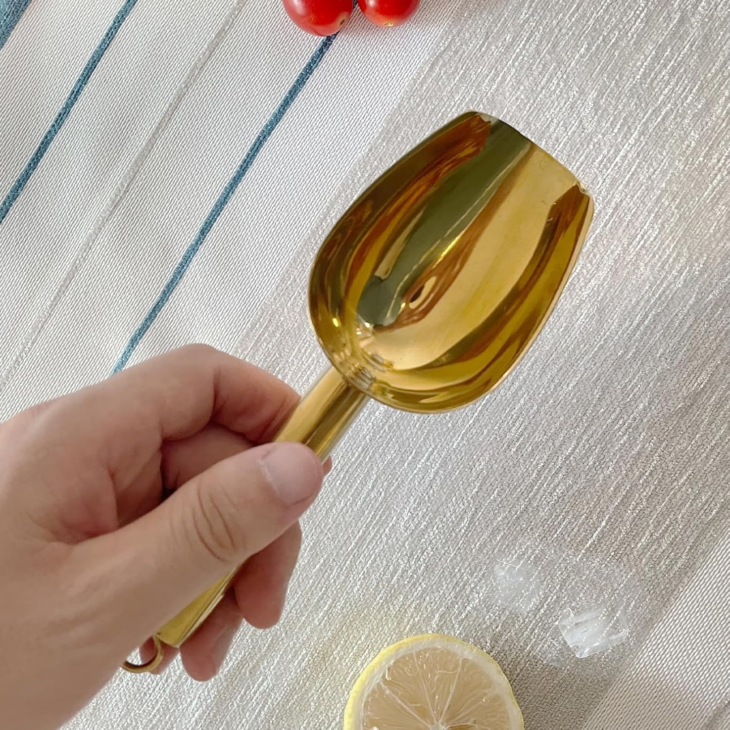 Metal Ice Scoop 3 Oz, Small Stainless Steel Ice scooper for Ice Maker Ice Bucket Kitchen Freezer Bar Party Wedding, Multipurpose for Coffee Bean,Flour Scoop,Dog Food Scoop (3 OZ-Gold)