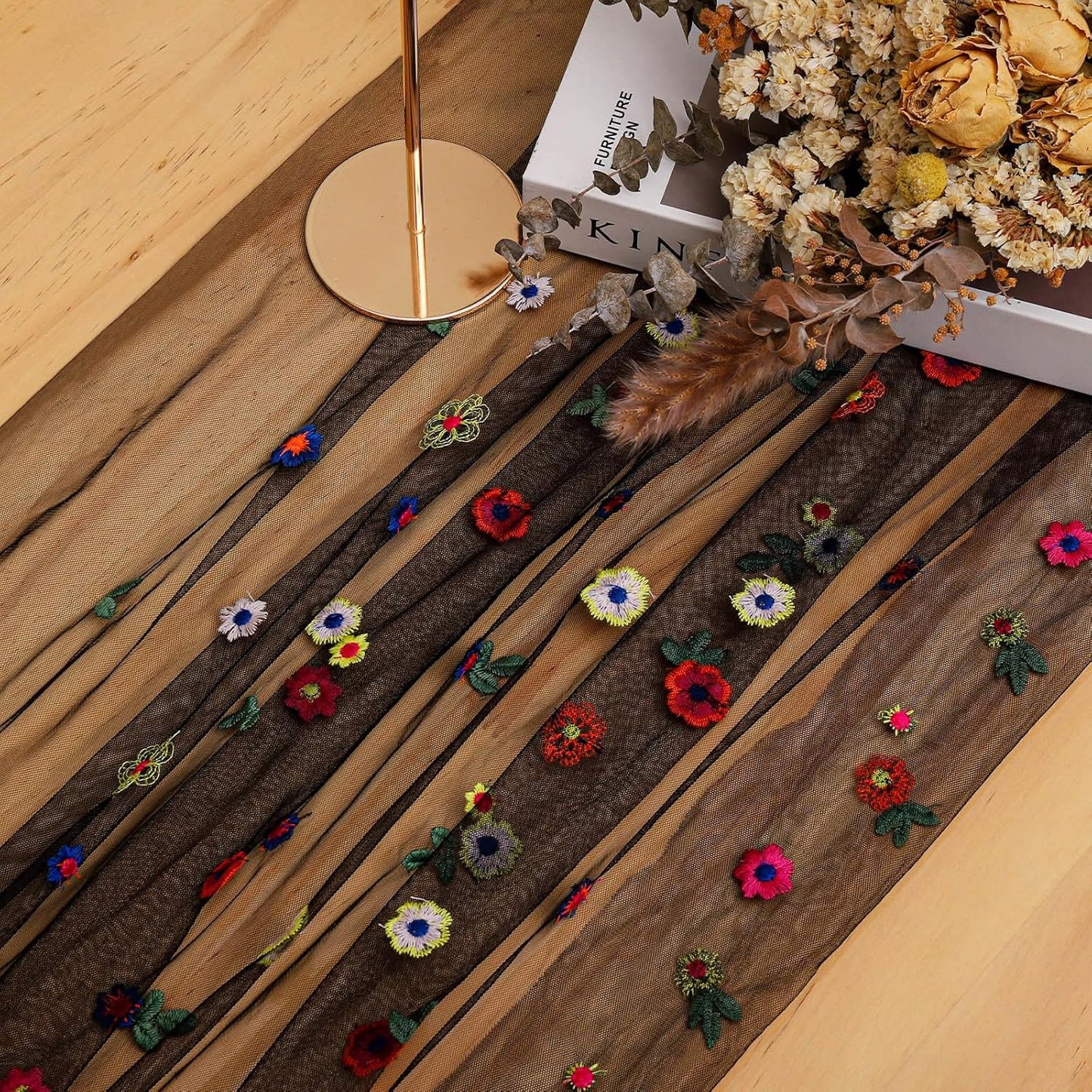 BINBE 3pcs Black Daisy Fall Table Runner Embroidery Gauze 10FT Florals Seasonal Tulle Holiday Birthday Kitchen Dining Table Decor for Home Party