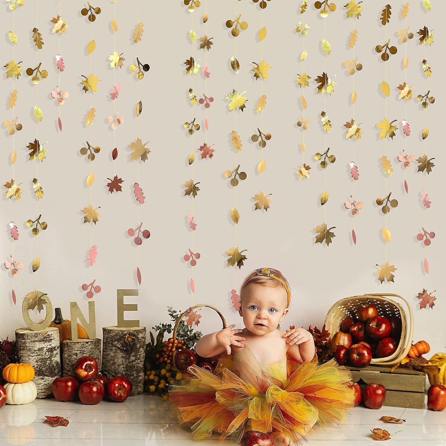 52Ft Fall Party Decorations Maple Leaf Garland Streamer Champagne Rose Gold Gradient Autumn Leaves Paper Banner for Thanksgiving Harvest Birthday Wedding Bridal Shower Engagement Party Decor