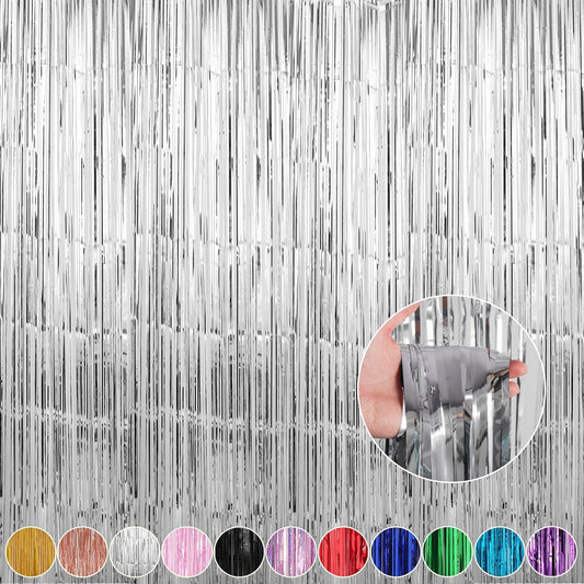 Crosize 4 Pack 3.3 x 9.9 ft Silver Foil Fringe Curtains Party Decorations, Silver Tinsel Curtain Backdrop for Parties, Door Streamers, Glitter Streamer Fringe Backdrop for Birthday Decoration