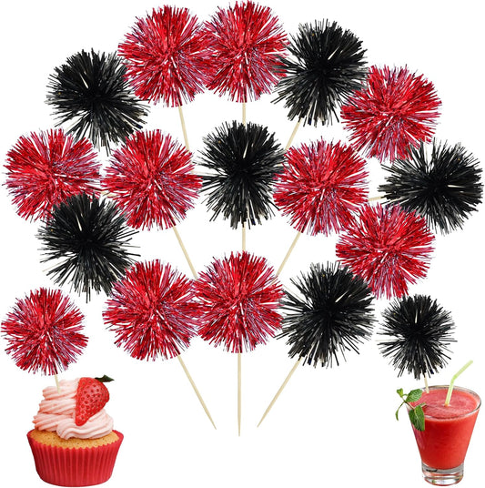 Ephlyn 30Pcs Foil Firework Cupcake Toppers Party Birthday Cake Toppers Supplies Sparkle Tinsel Cocktail Fruit Toothpick for Birthday Wedding Graduation Party Supplies Black Red