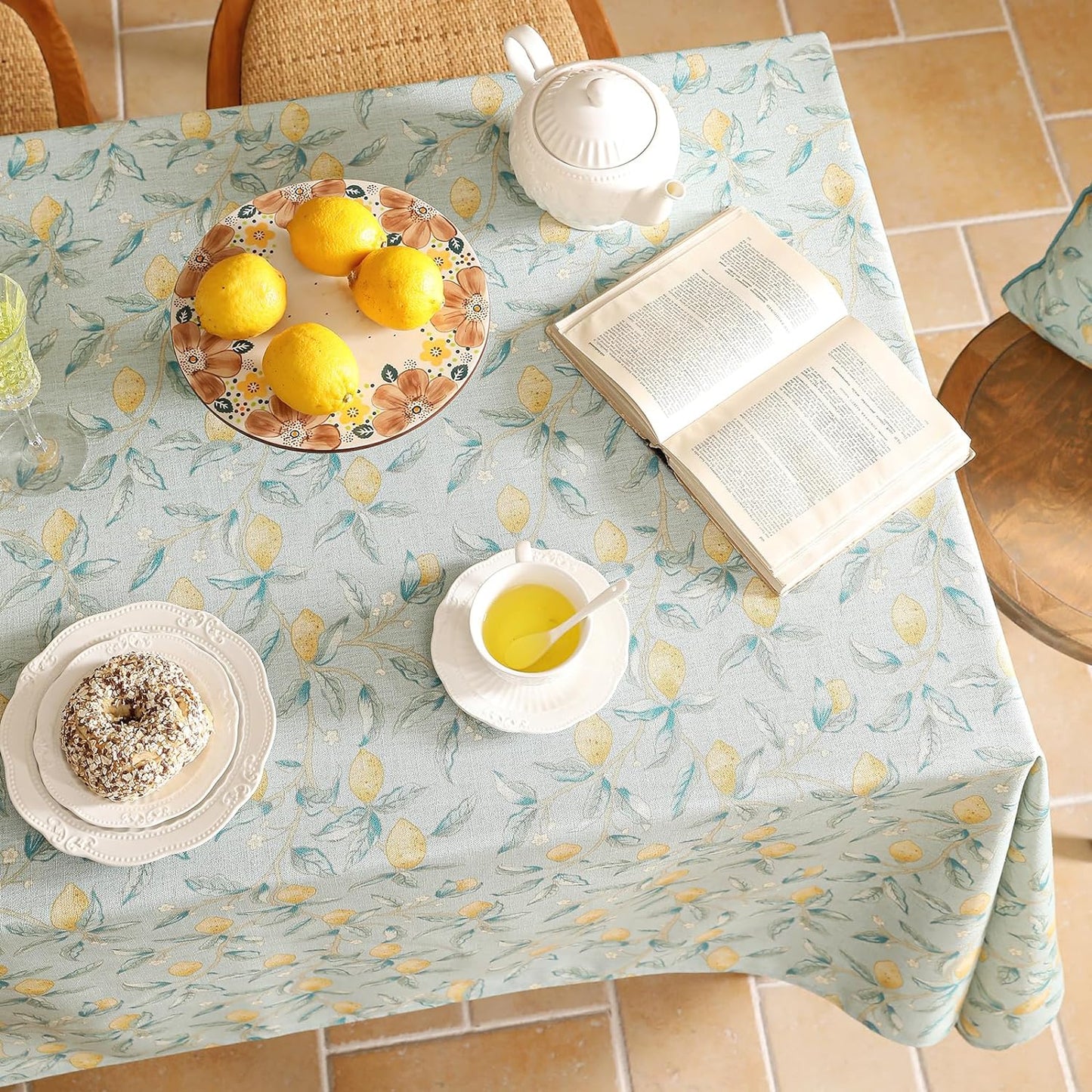 patdrea Designer Linen Green Tablecloth for Rectangle Table,Vintage Breathable Yellow Fruits Pattern Extra Long Table Cloth,Decor Cover for Kitchen Dining,Christmas,Thanksgiving,67"x118"-Ania a