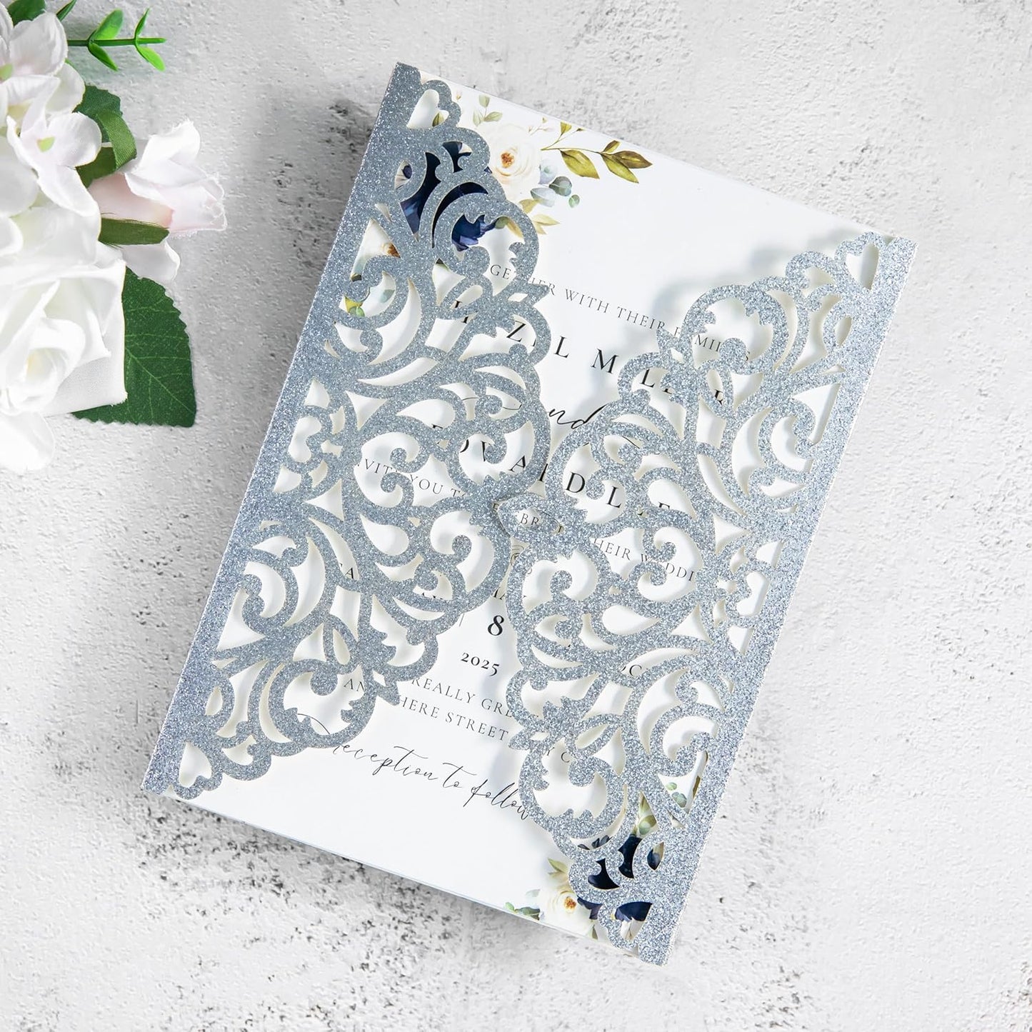 20Pcs Silver Glitter Laser Cut Invitation Cards With Blank Inner Sheets for Wedding Cards Bridal Shower Engagement Quinceanera Invitation (No Envelopes)