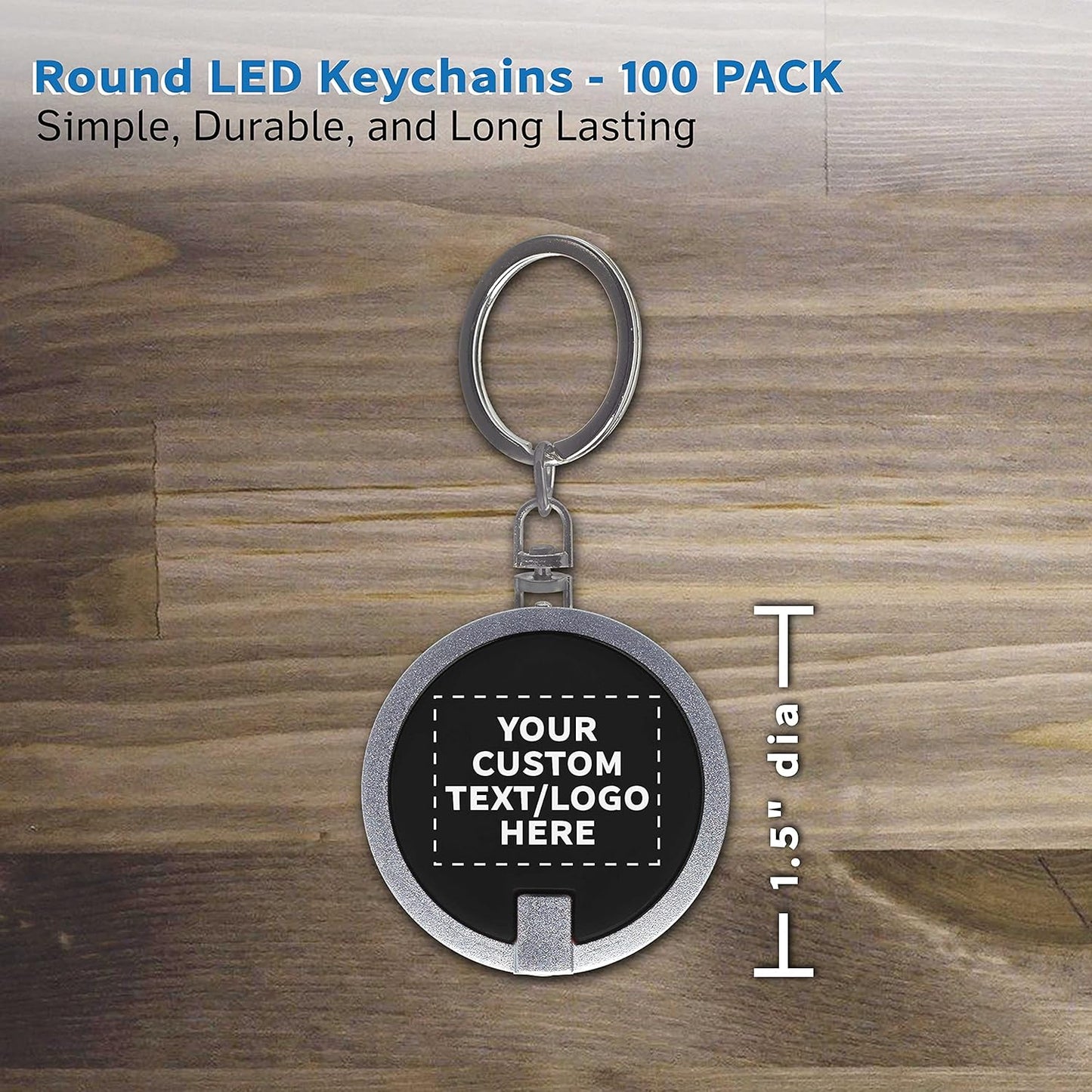 DISCOUNT PROMOS 100 Round LED Keychains - Customizable Text, Logo - Battery included, Plastic - Black