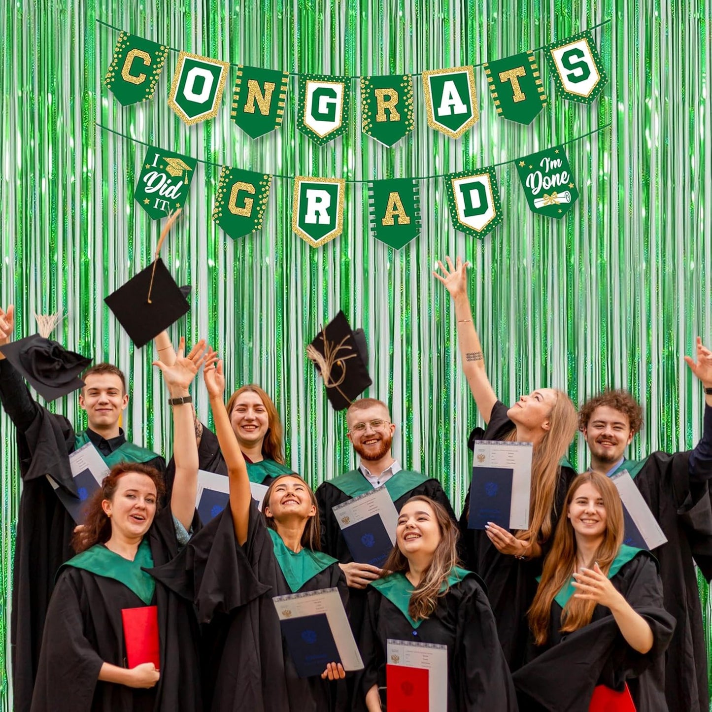 Foil Fringe Curtains April fool's Day Decorations - Melsan 3 Pack 3.2 x 8.2 ft Green Tinsel Curtain Party Photo Backdrop for Birthday Party Baby Shower or Graduation Decorations